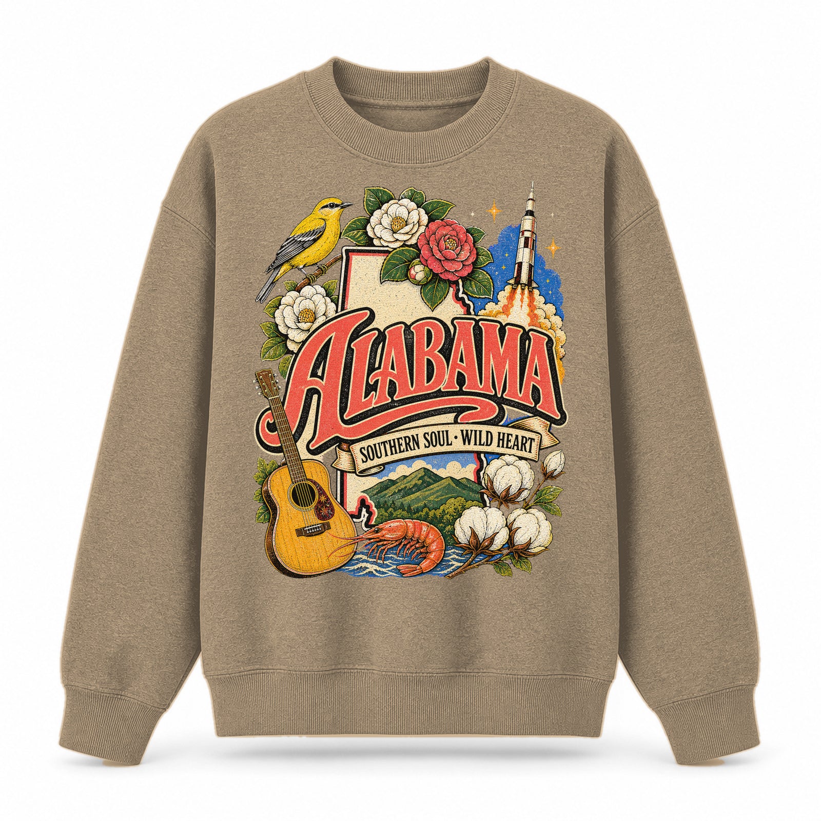 Colorful Alabama state collage artwork on a crewneck sweatshirt
