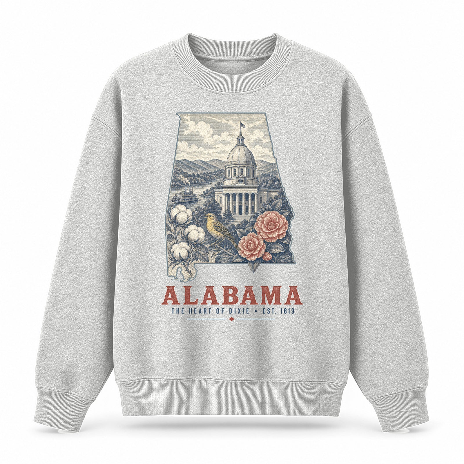 Vintage Alabama State Graphic Crewneck Sweatshirt in Light Gray, front view on a white background