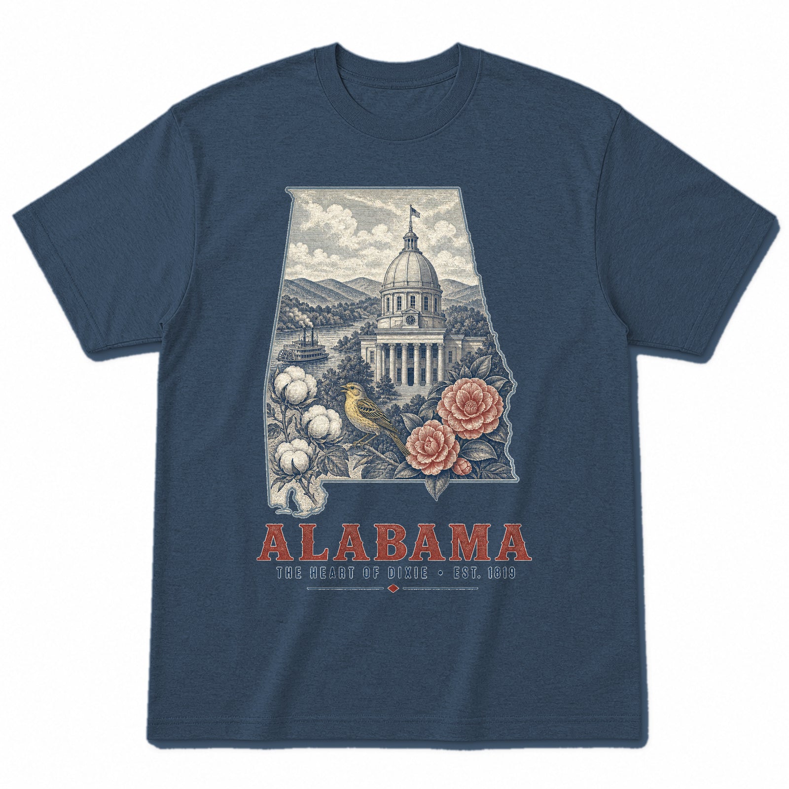 Vintage Alabama State Graphic T-Shirt in Washed Navy, front view on a white background