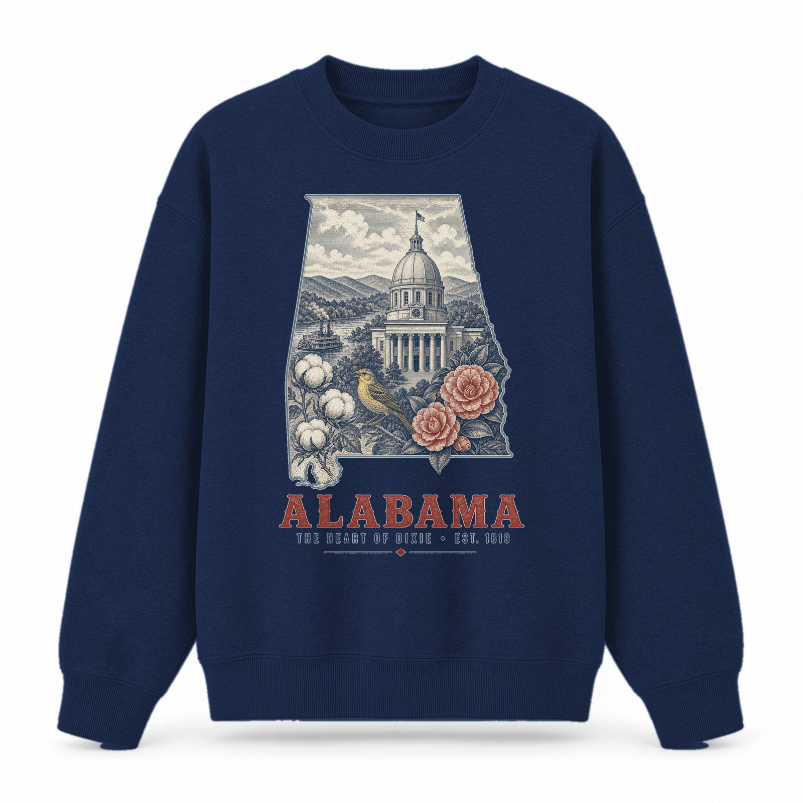 Vintage Alabama State Graphic Crewneck Sweatshirt in Navy, front view on a white background