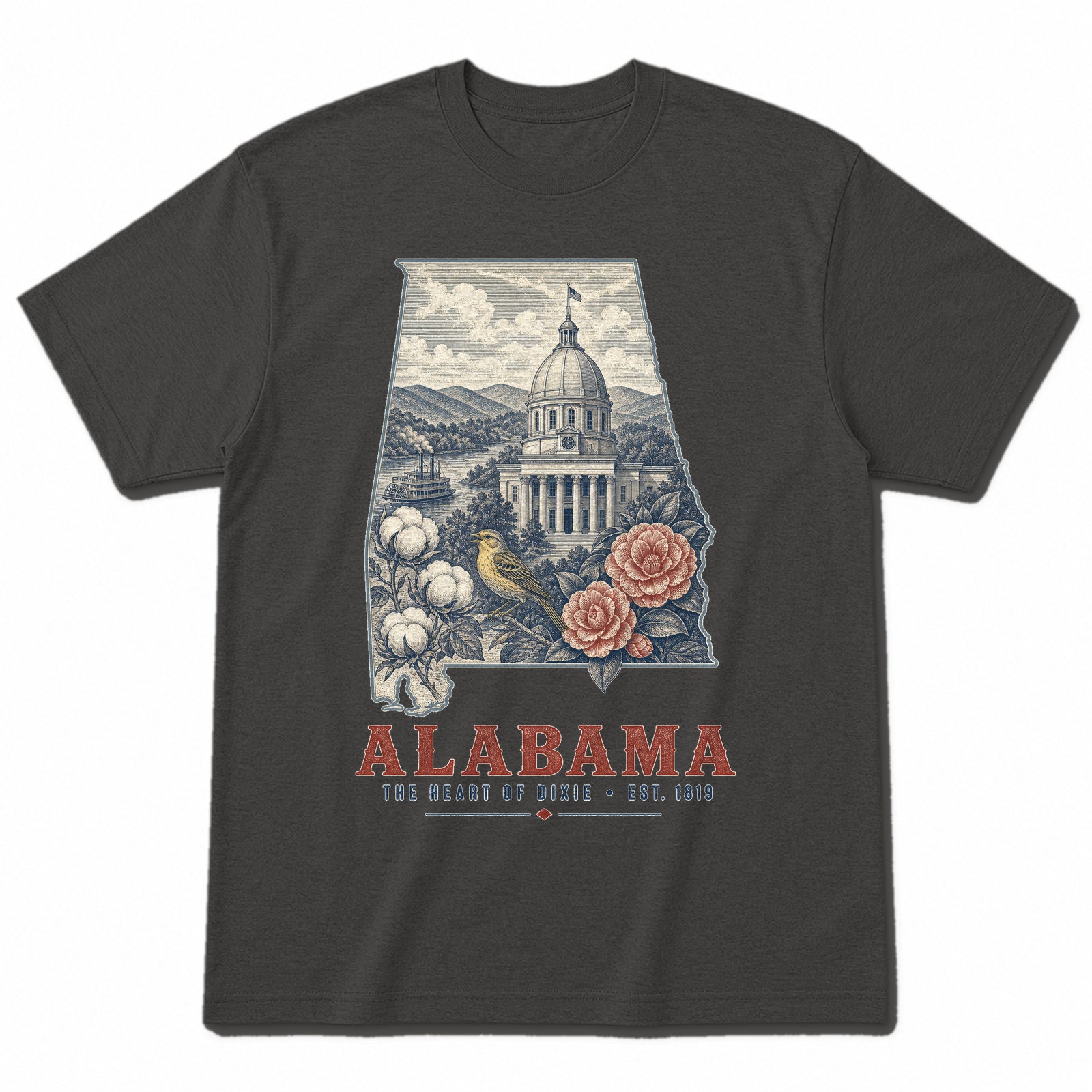Vintage Alabama State Graphic T-Shirt in Vintage Charcoal, front view on a white background