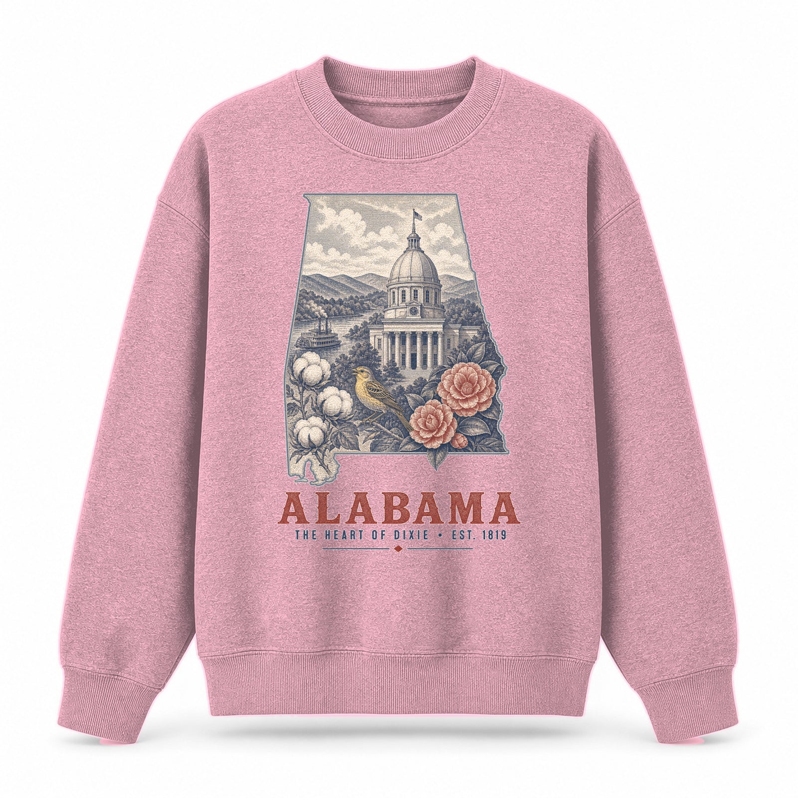 Vintage Alabama State Graphic Crewneck Sweatshirt in Pink, front view on a white background