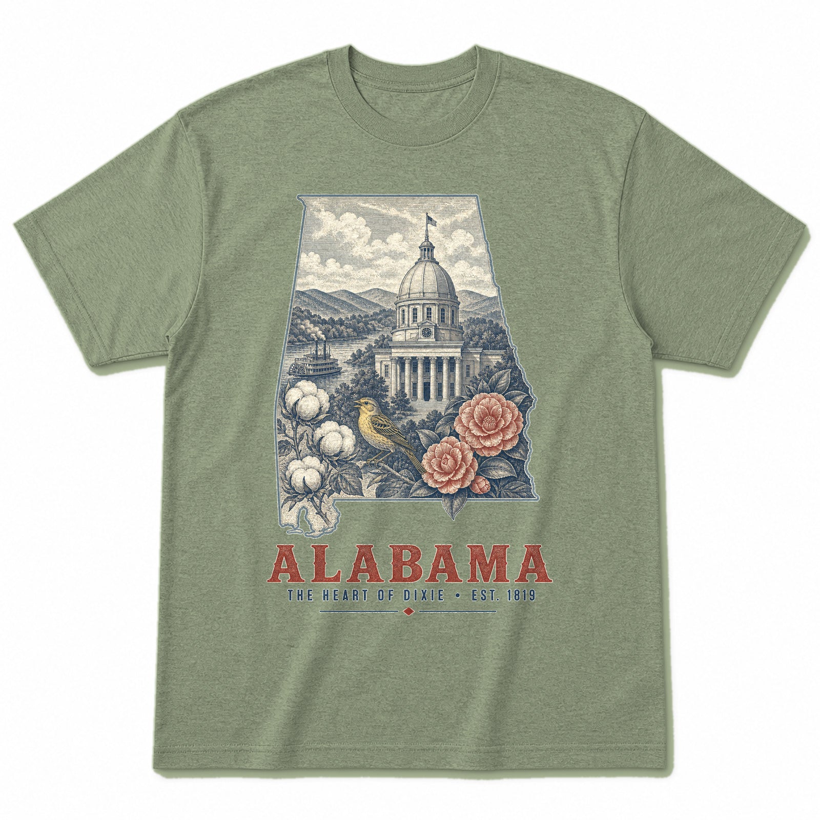 Vintage Alabama State Graphic T-Shirt in Light Sage Green, front view on a white background