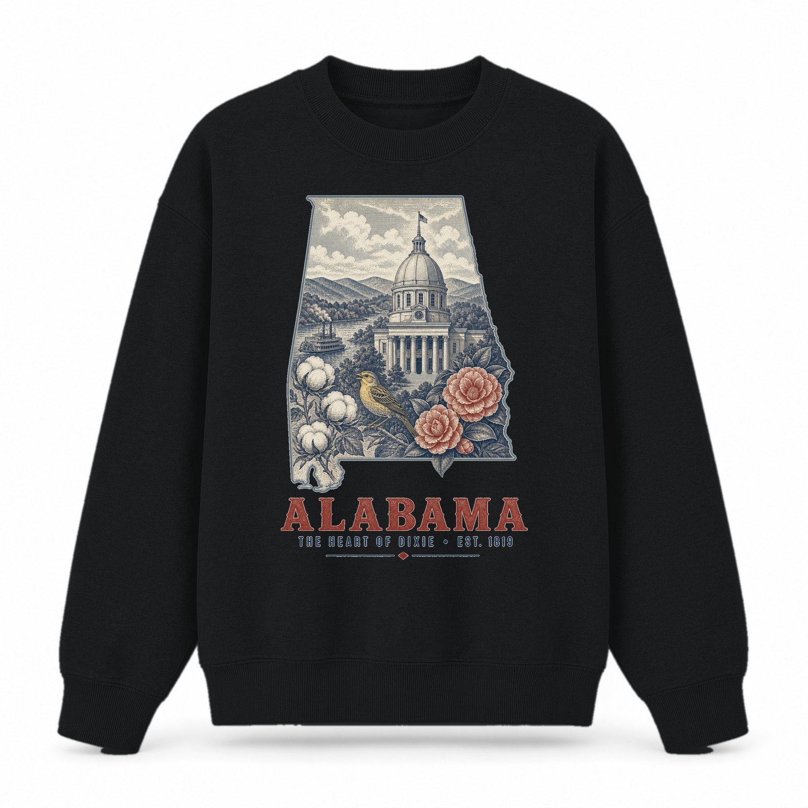 Vintage Alabama State Graphic Crewneck Sweatshirt in Black, front view on a white background