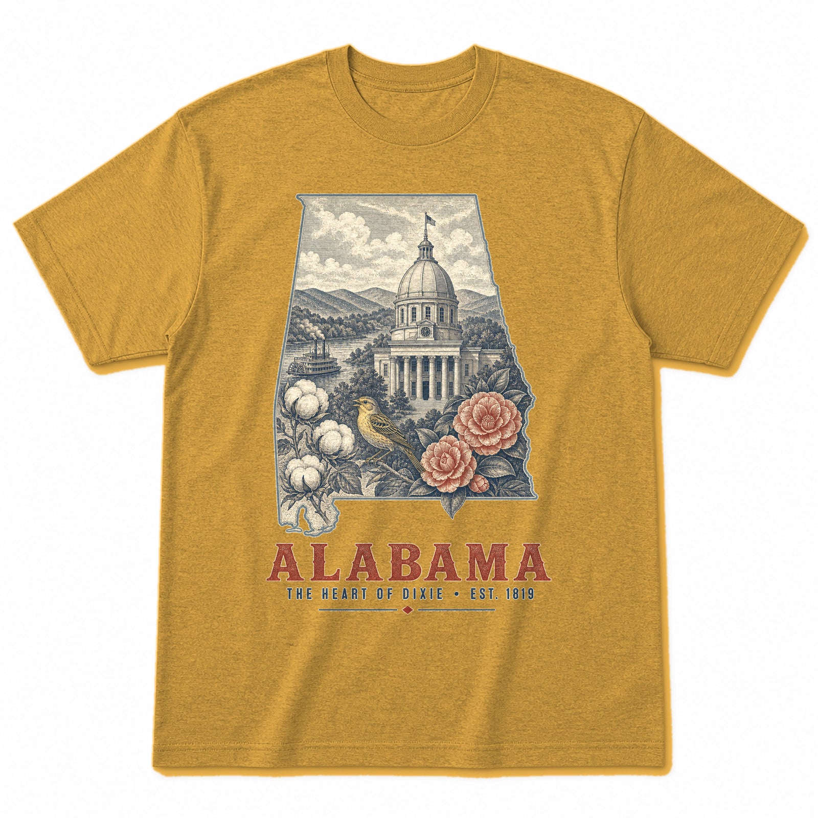 Vintage Alabama State Graphic T-Shirt in Vintage Mustard Yellow, front view on a white background