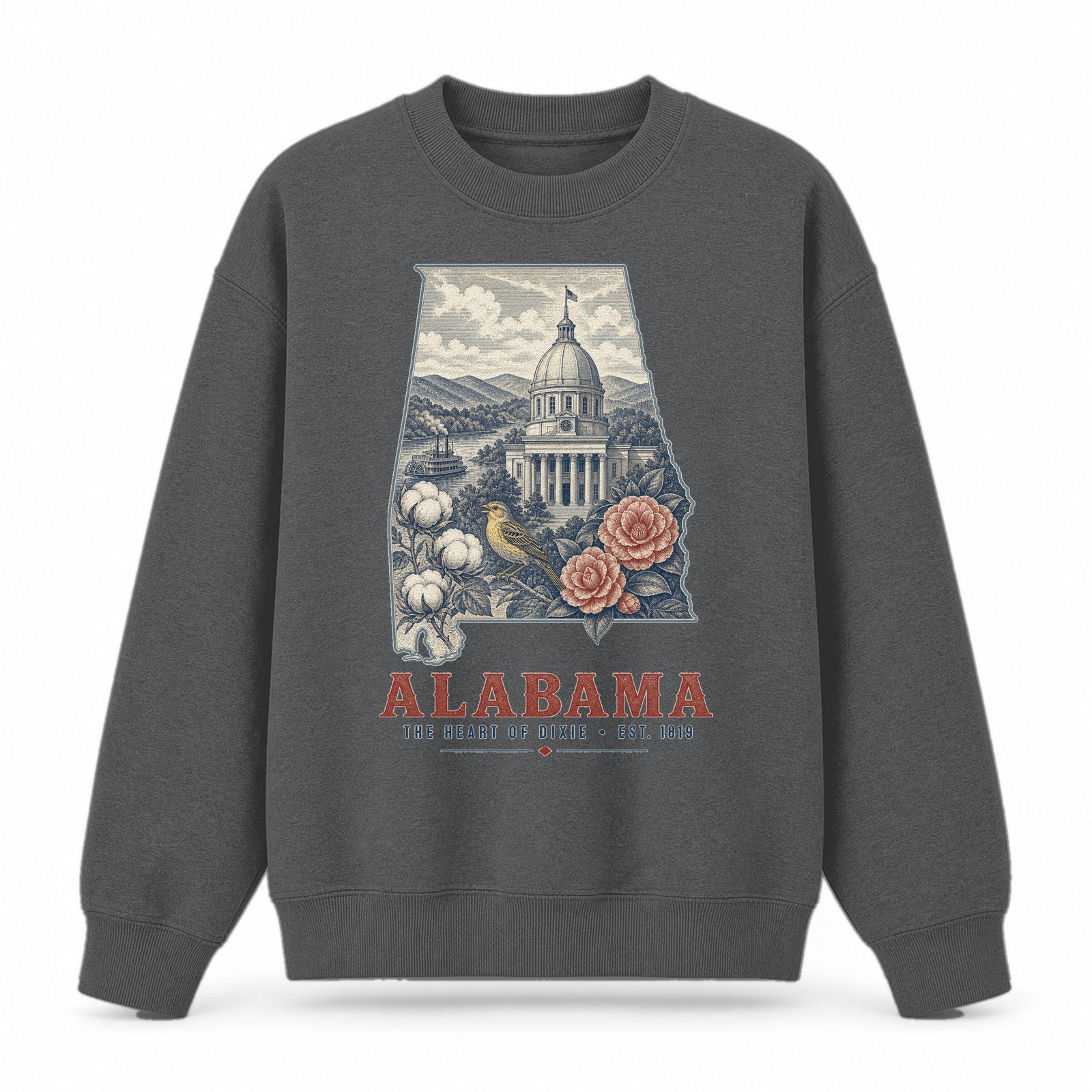 Vintage Alabama State Graphic Crewneck Sweatshirt in Dark Gray, front view on a white background