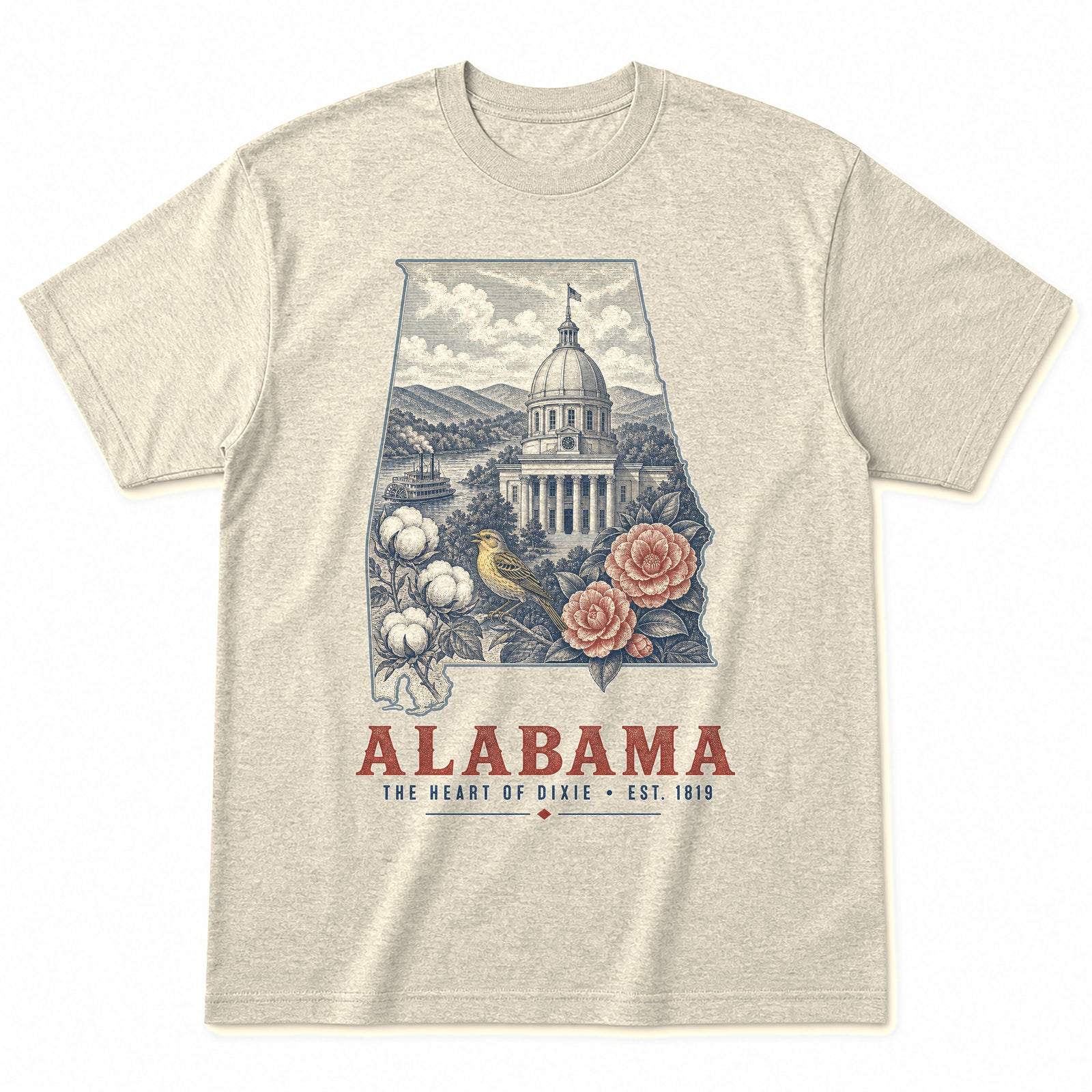 Vintage Alabama State Graphic T-Shirt in Natural Cream, front view on a white background