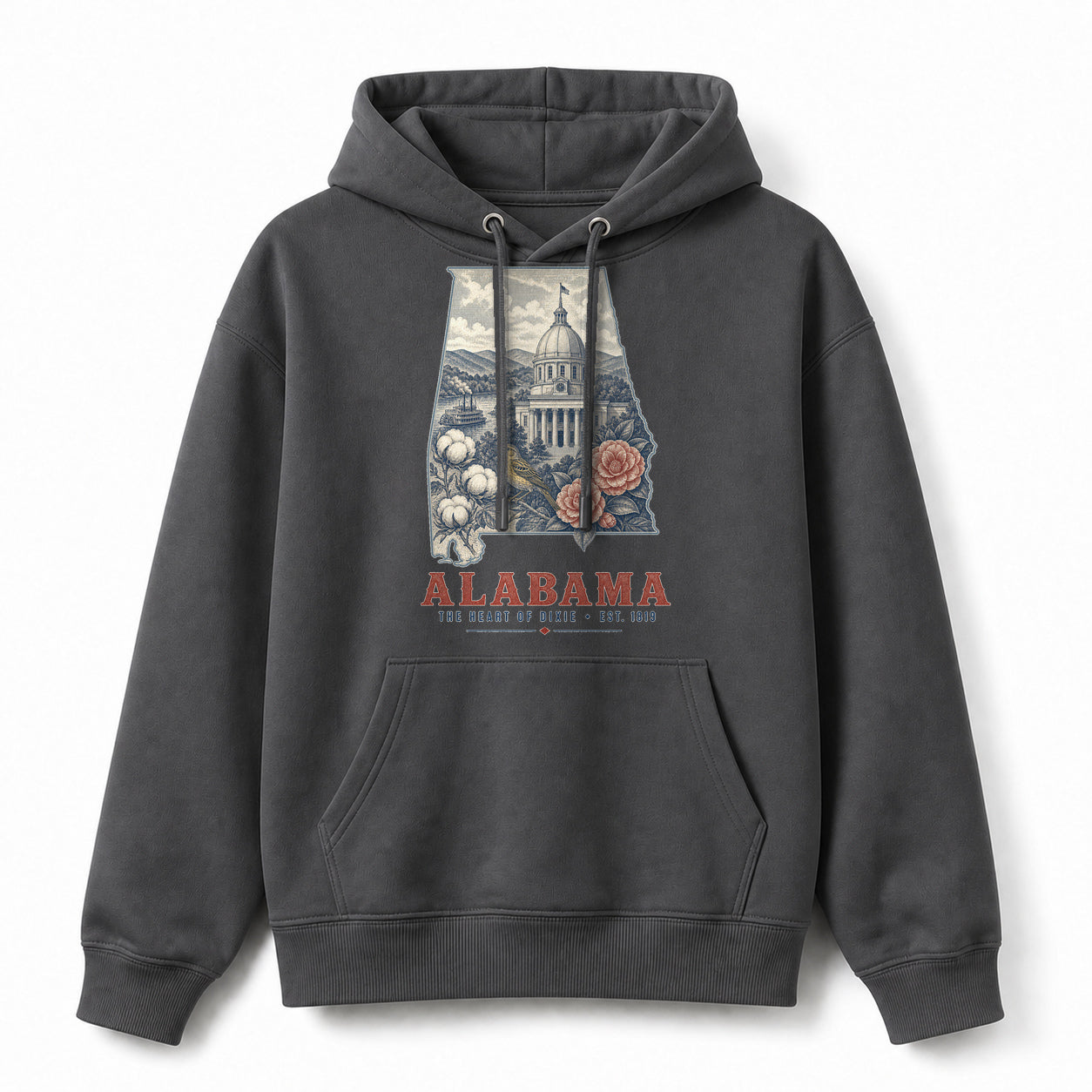 Vintage Alabama State Graphic Pullover Hoodie in Dark Gray, front view on a white background