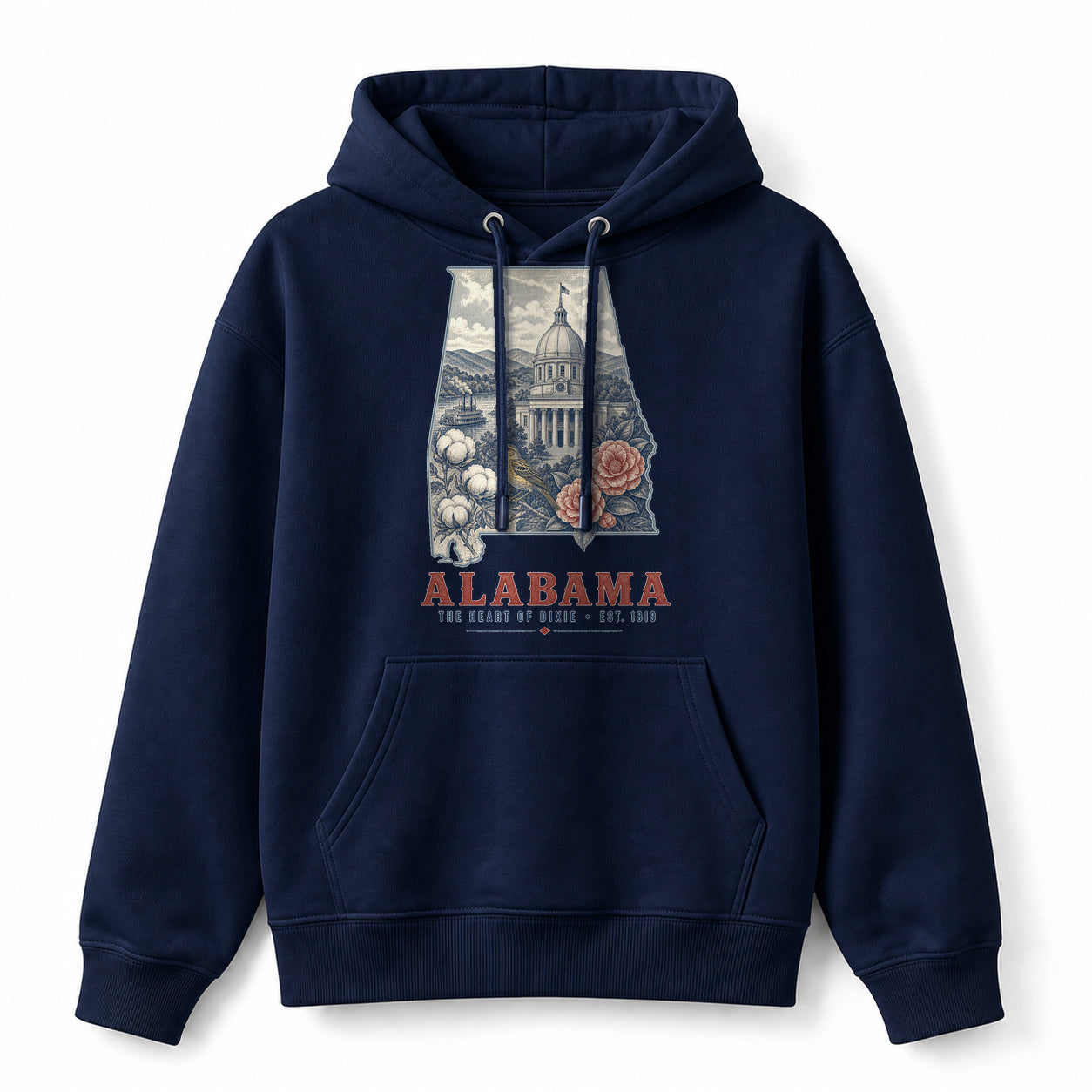 Vintage Alabama State Graphic Pullover Hoodie in Navy, front view on a white background