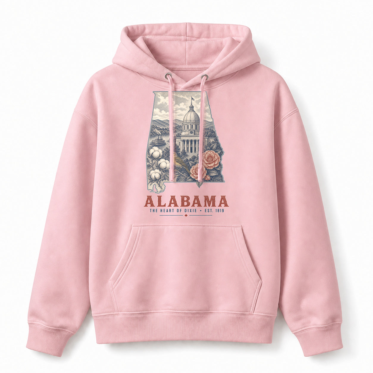 Vintage Alabama State Graphic Pullover Hoodie in Light Pink, front view on a white background