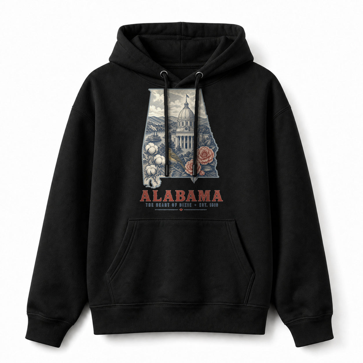 Vintage Alabama State Graphic Pullover Hoodie in Black, front view on a white background