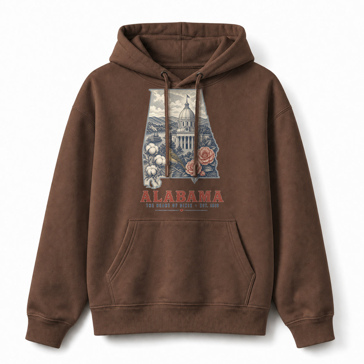 Vintage Alabama State Graphic Pullover Hoodie in Coffee Brown, front view on a white background