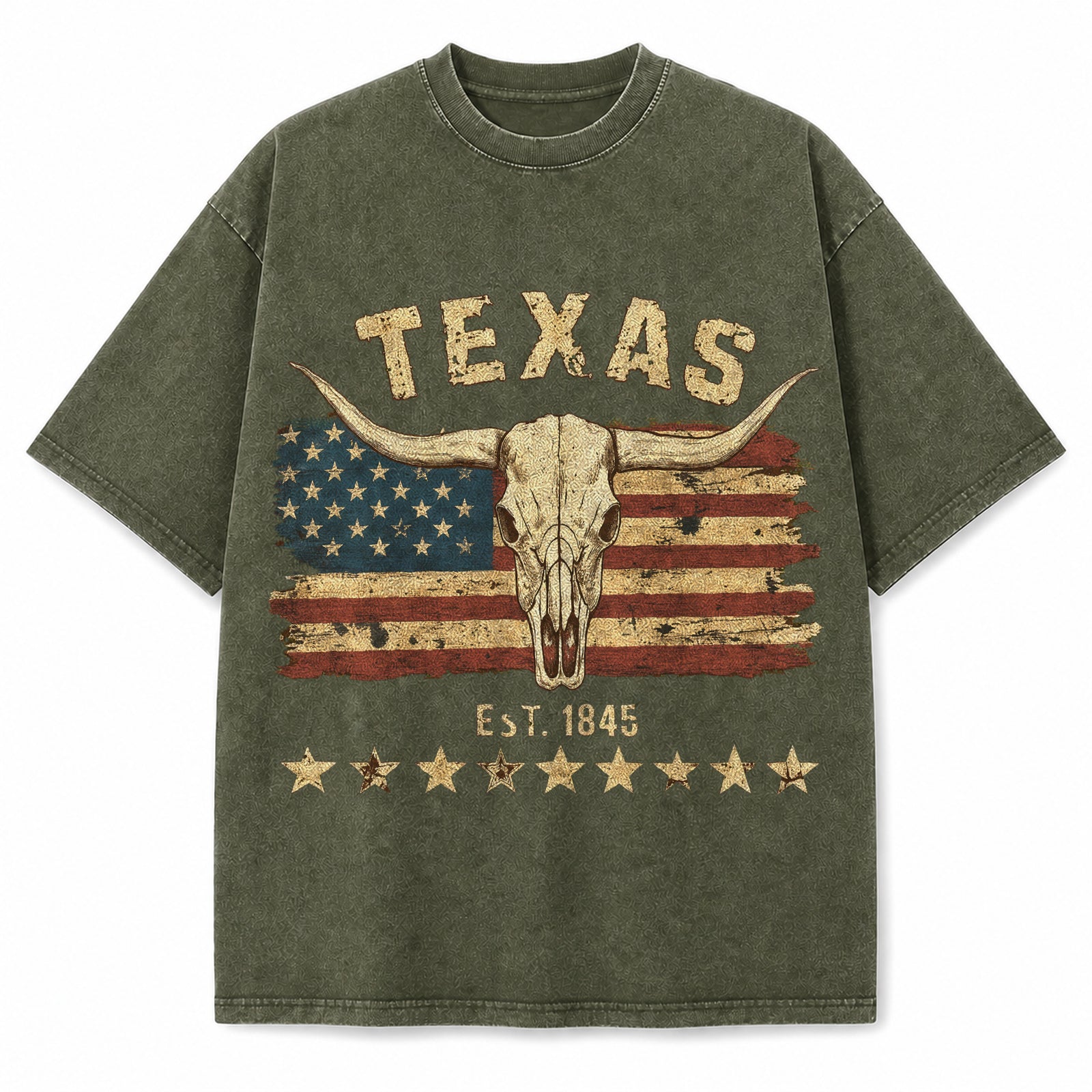 Texas Flag Longhorn vintage washed heavyweight T-shirt in Military Green