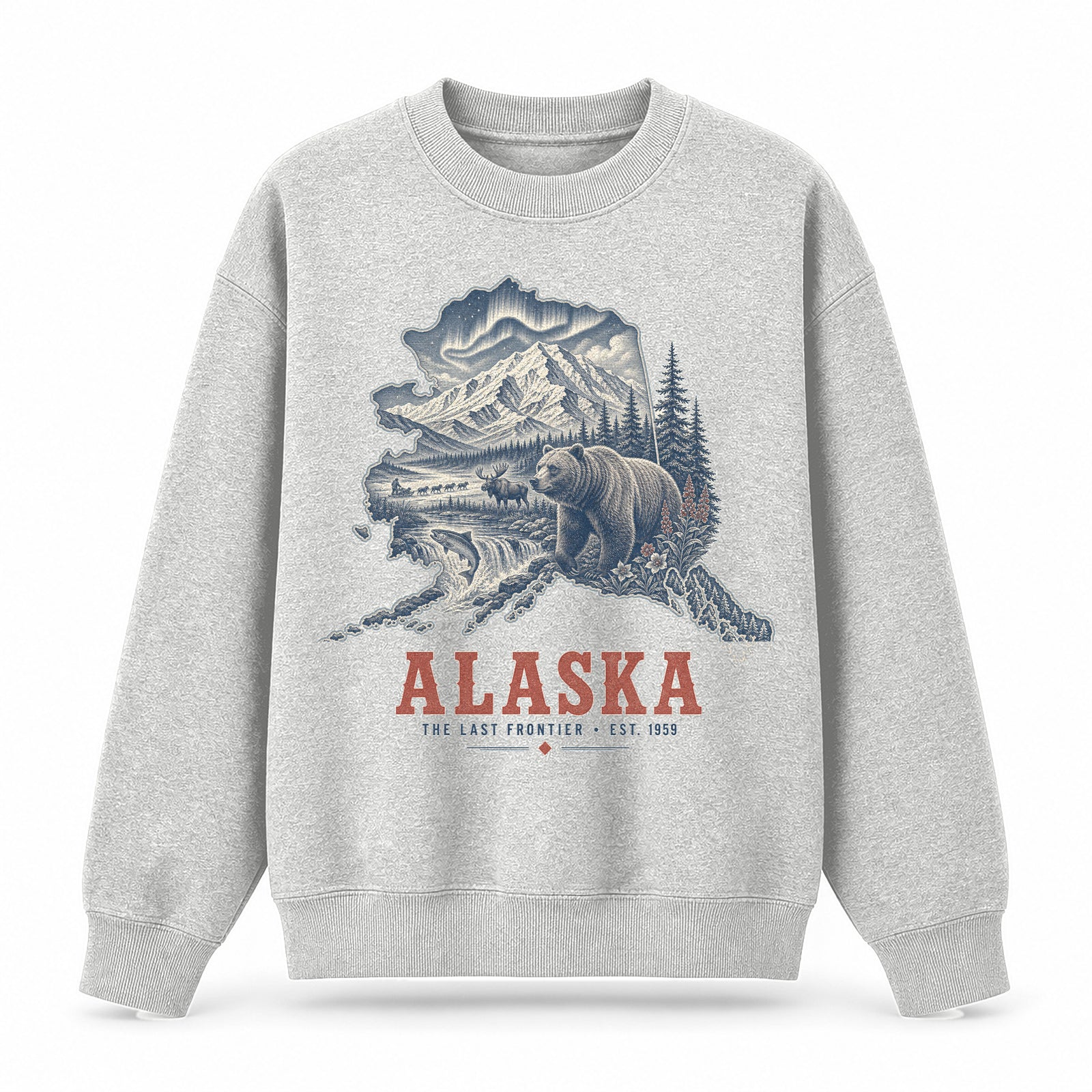 Vintage Alaska State Graphic Crewneck Sweatshirt in Light Gray, front view on a white background