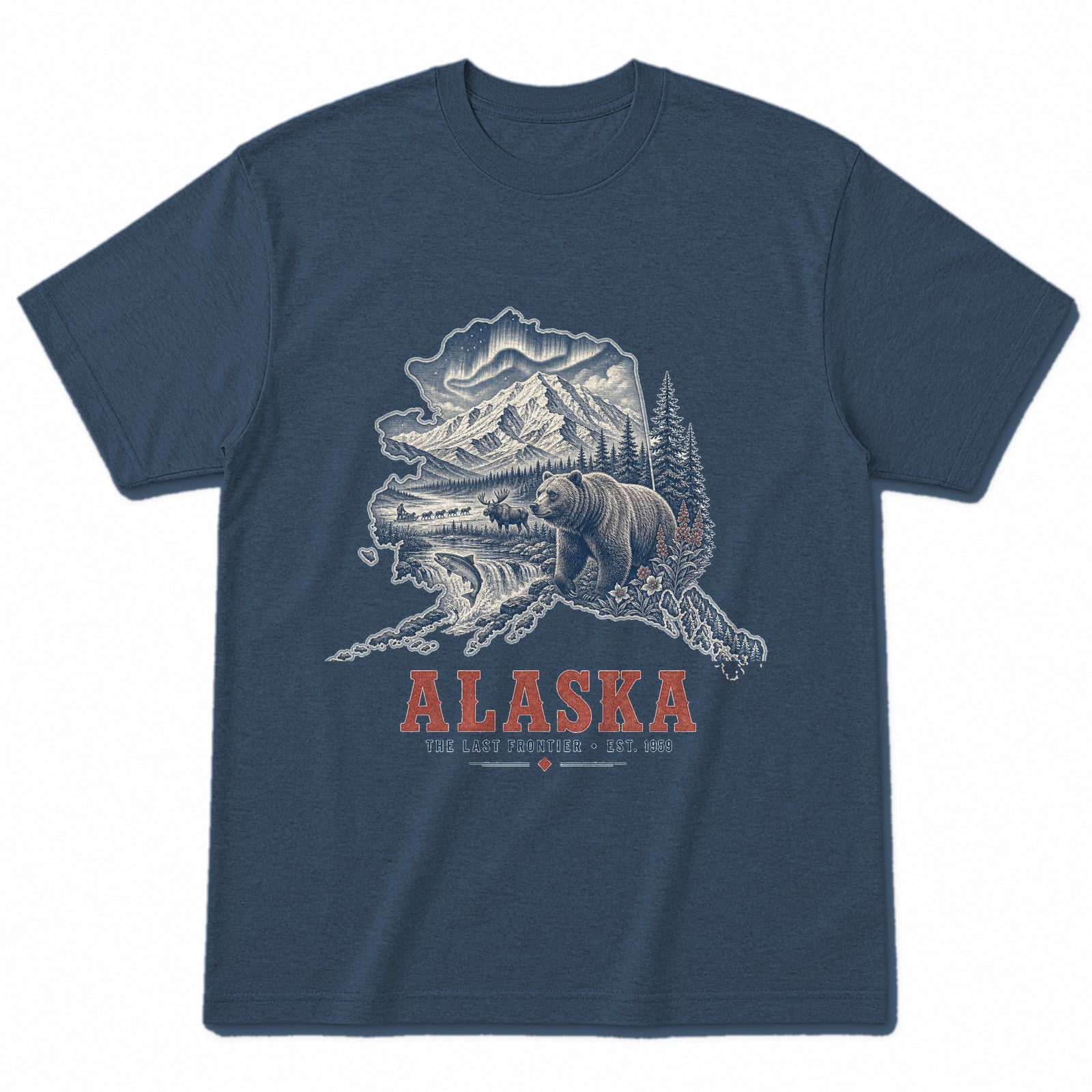 Vintage Alaska State Graphic T-Shirt in Washed Navy, front view on a white background
