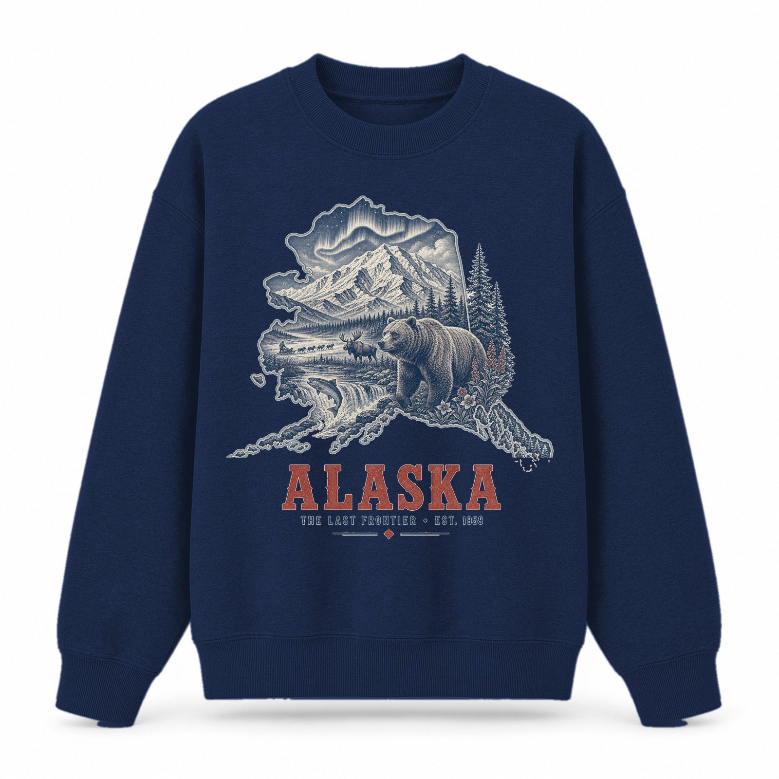 Vintage Alaska State Graphic Crewneck Sweatshirt in Navy, front view on a white background