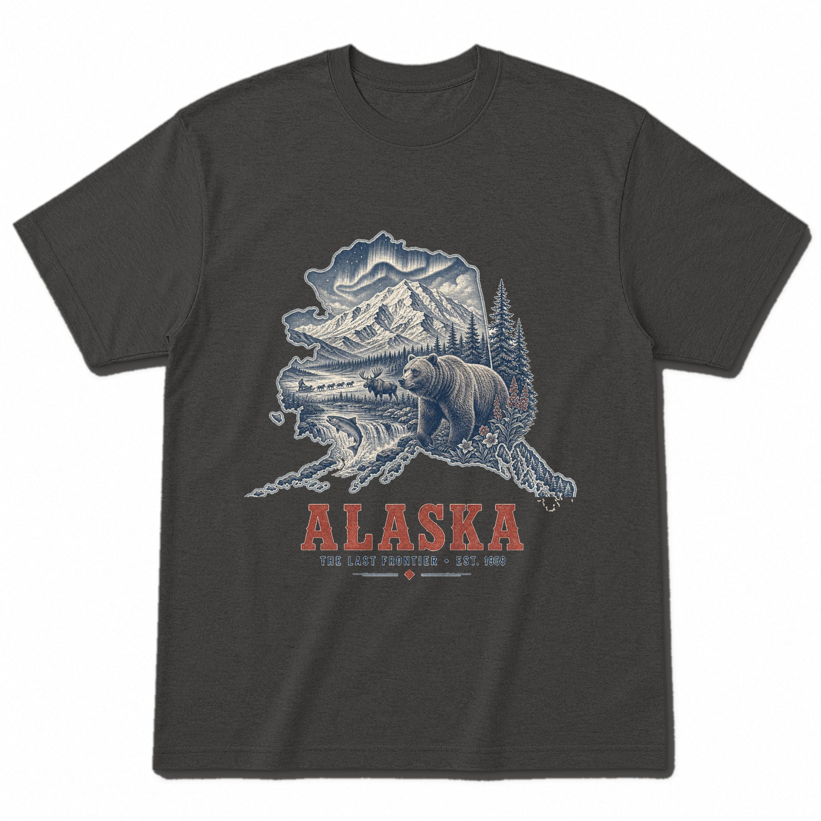 Vintage Alaska State Graphic T-Shirt in Vintage Charcoal, front view on a white background