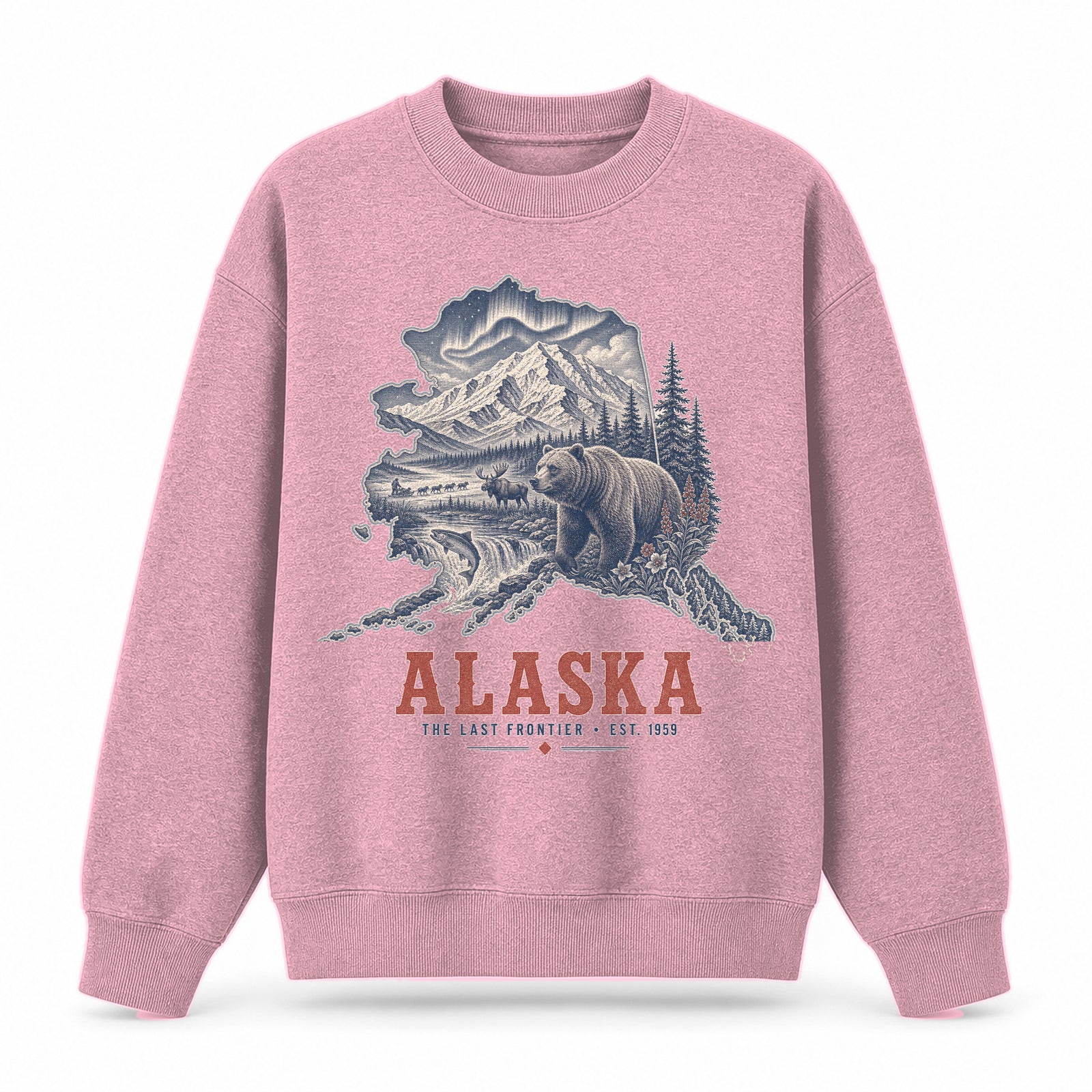 Vintage Alaska State Graphic Crewneck Sweatshirt in Pink, front view on a white background