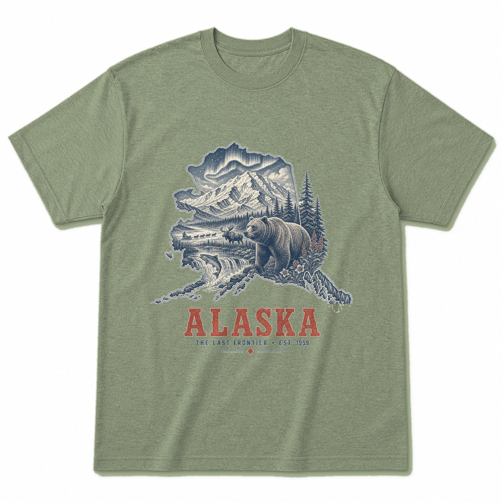 Vintage Alaska State Graphic T-Shirt in Light Sage Green, front view on a white background
