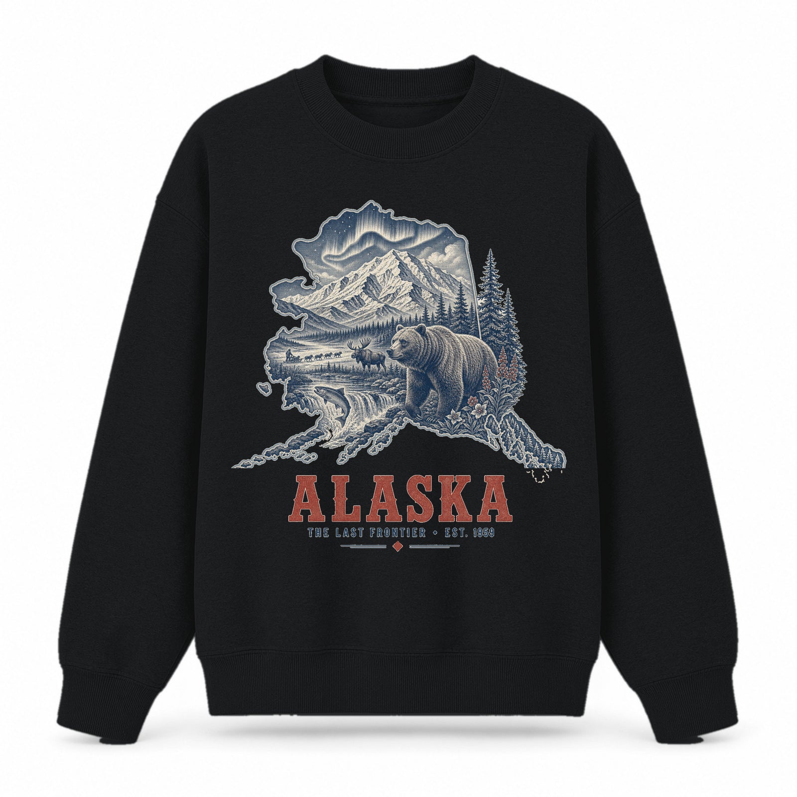 Vintage Alaska State Graphic Crewneck Sweatshirt in Black, front view on a white background