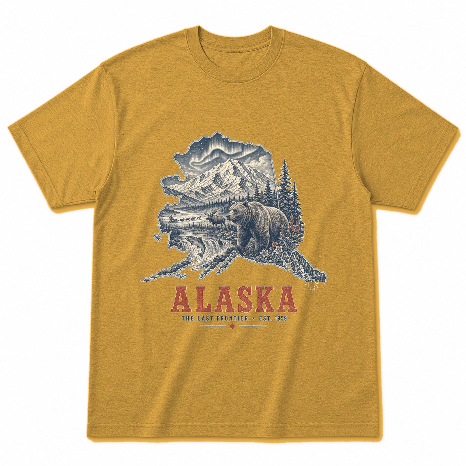 Vintage Alaska State Graphic T-Shirt in Vintage Mustard Yellow, front view on a white background