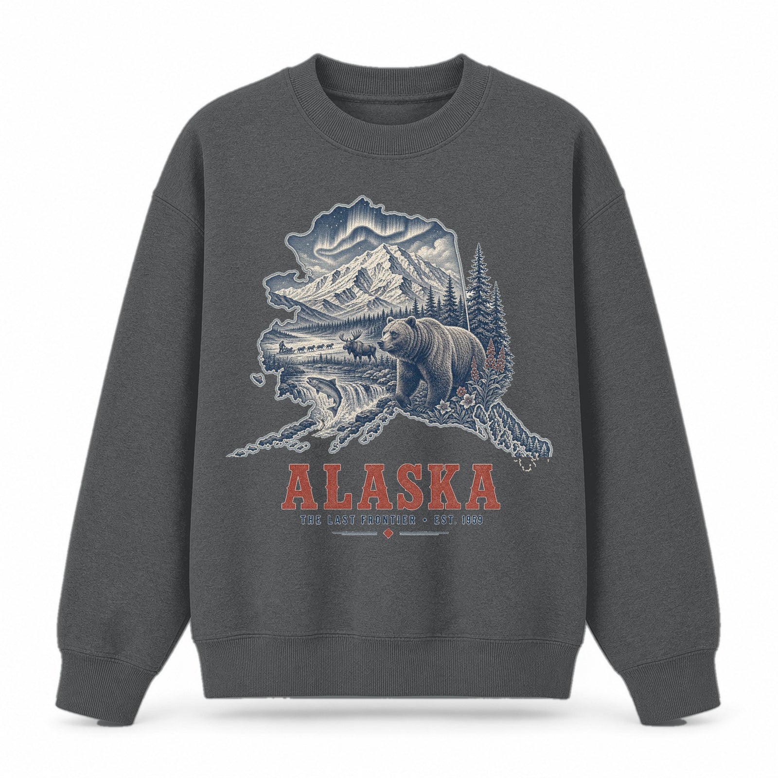 Vintage Alaska State Graphic Crewneck Sweatshirt in Dark Gray, front view on a white background