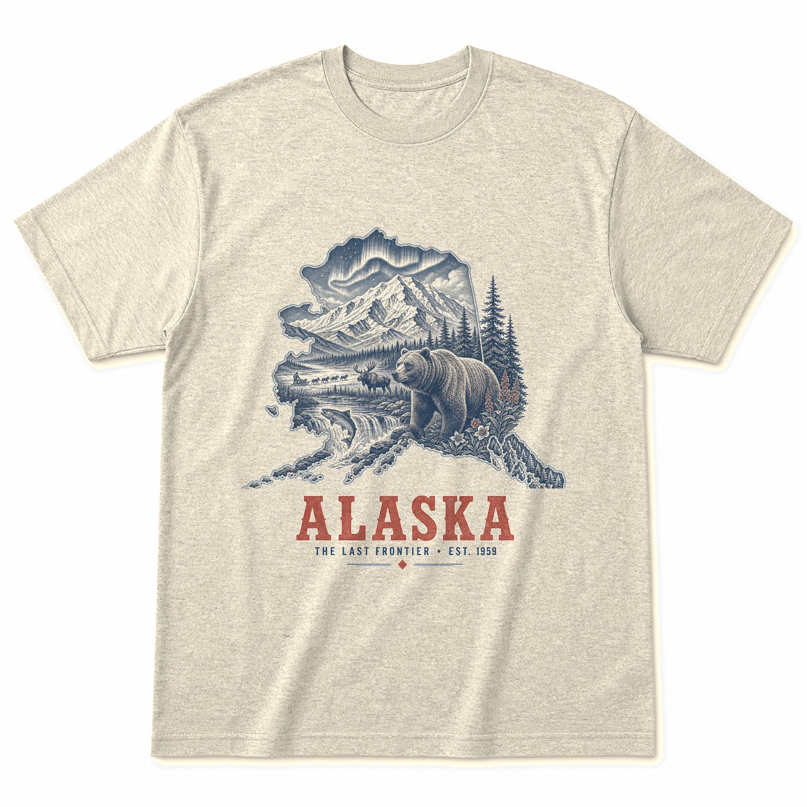 Vintage Alaska State Graphic T-Shirt in Natural Cream, front view on a white background