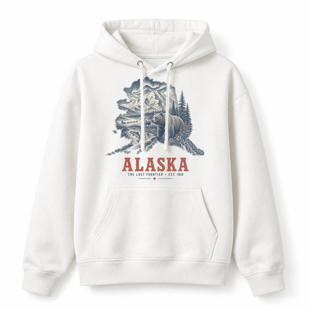 Vintage Alaska State Graphic Pullover Hoodie in White, front view on a white background