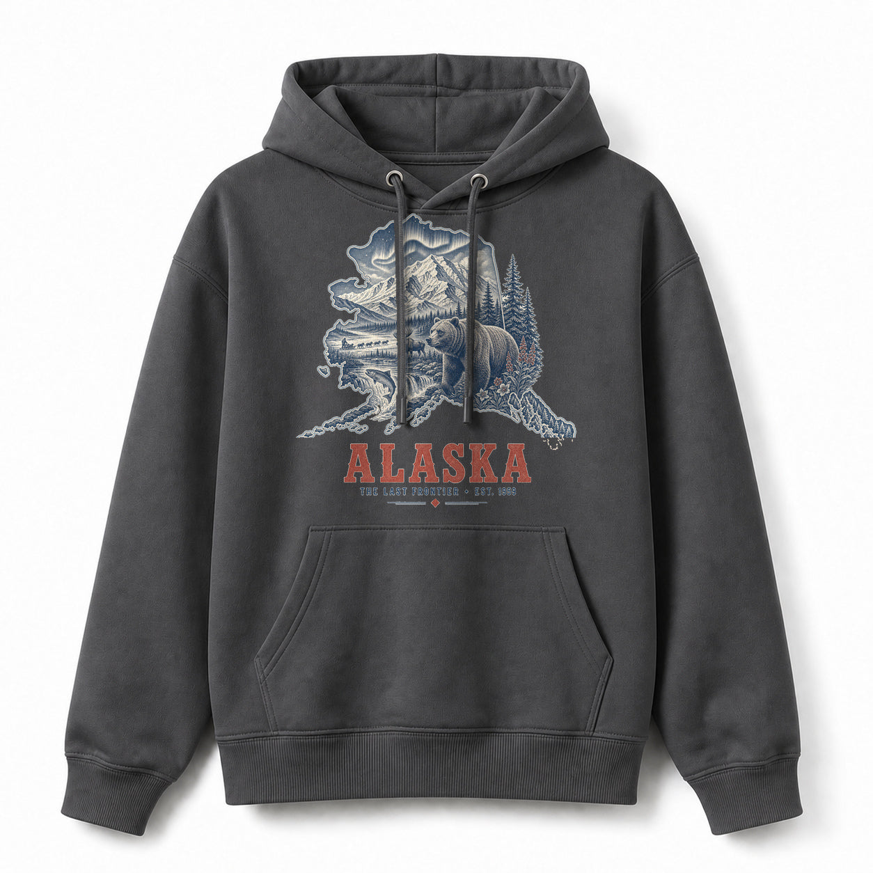 Vintage Alaska State Graphic Pullover Hoodie in Dark Gray, front view on a white background