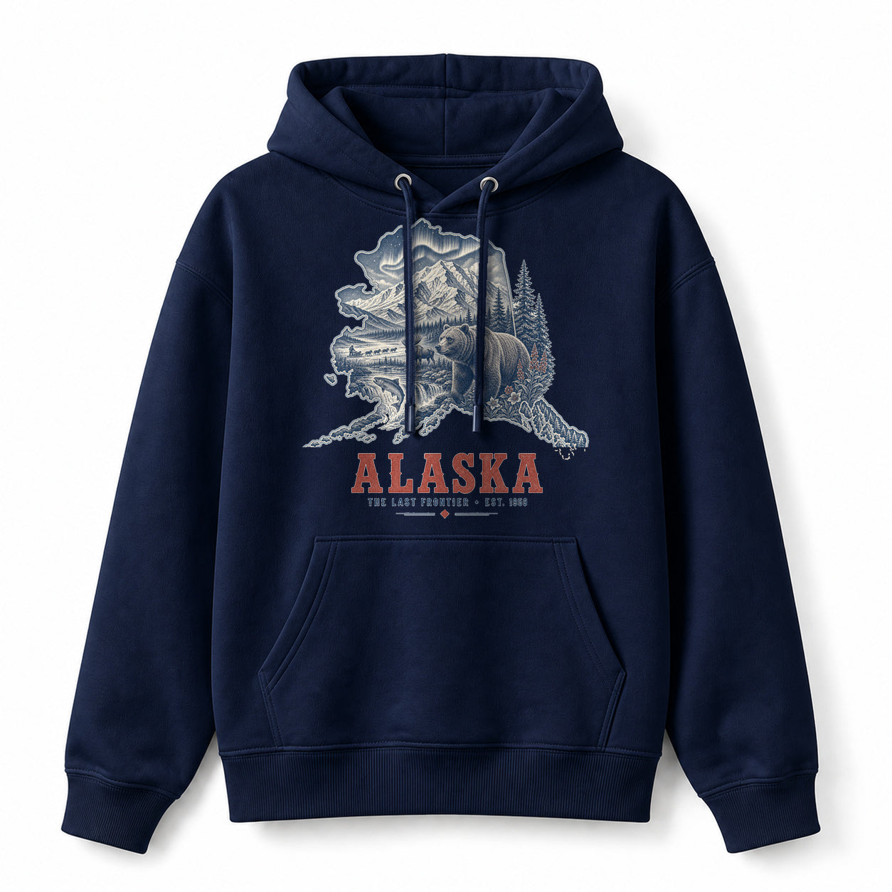 Vintage Alaska State Graphic Pullover Hoodie in Navy, front view on a white background