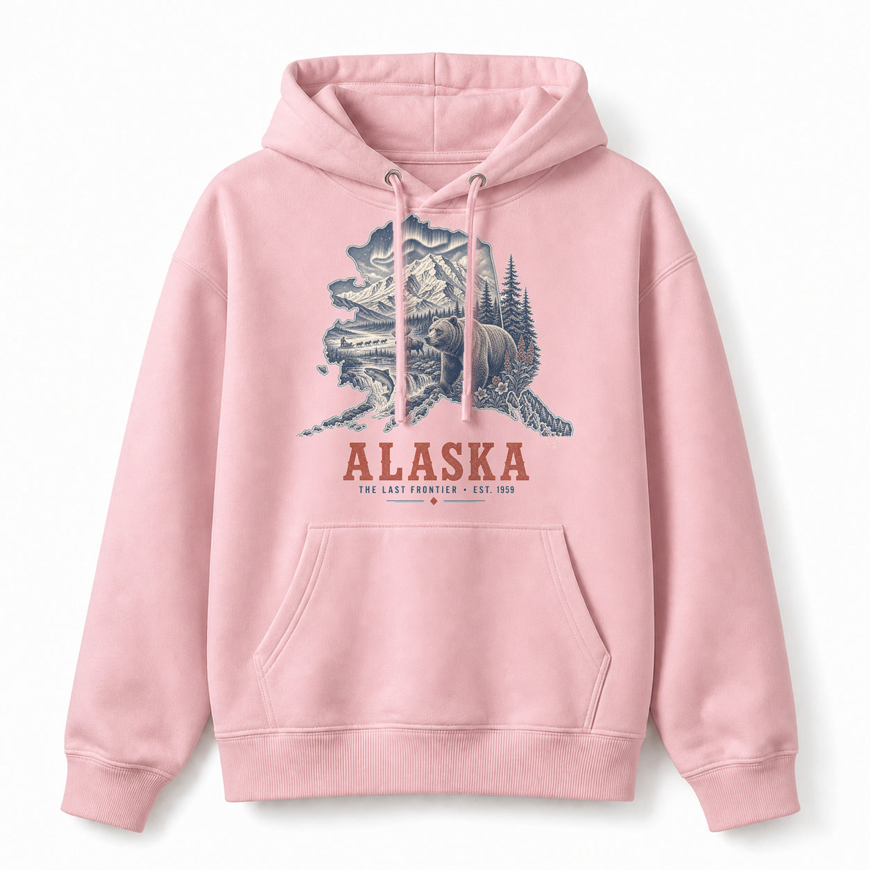 Vintage Alaska State Graphic Pullover Hoodie in Light Pink, front view on a white background