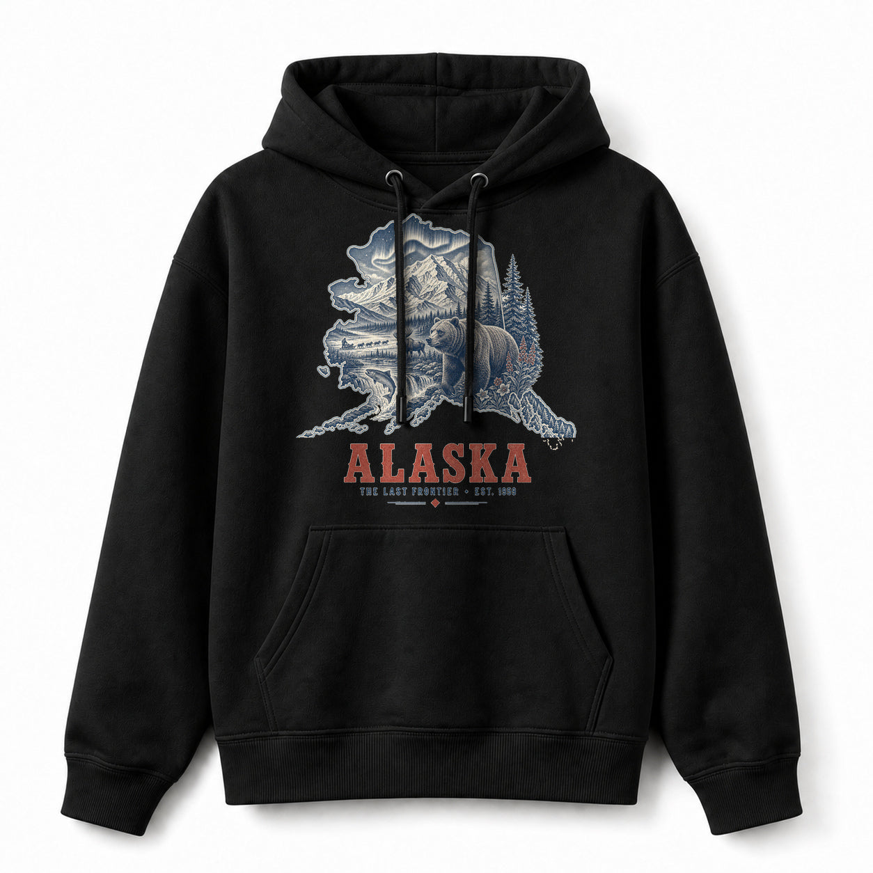Vintage Alaska State Graphic Pullover Hoodie in Black, front view on a white background