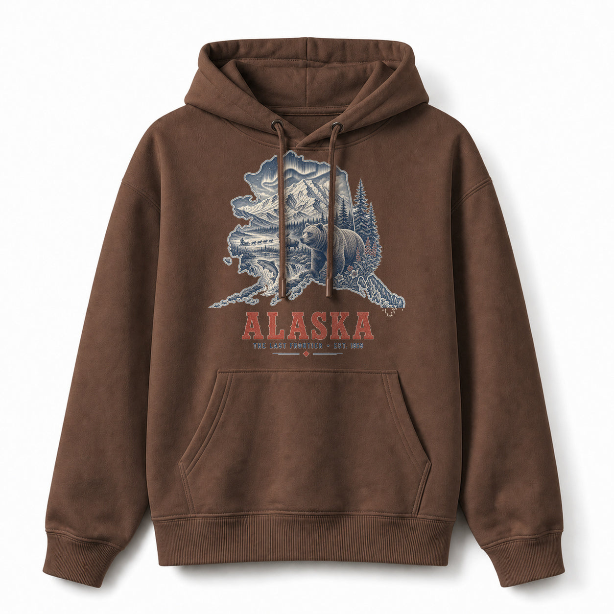 Vintage Alaska State Graphic Pullover Hoodie in Coffee Brown, front view on a white background
