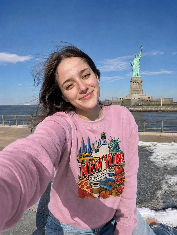 Colorful Alaska artwork on a crewneck sweatshirt