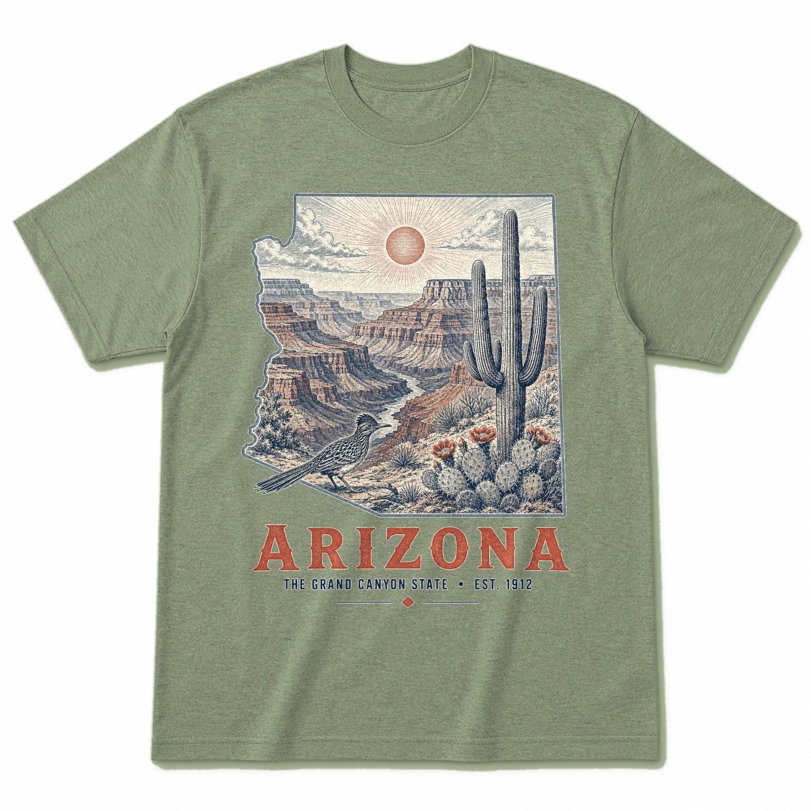 Vintage Arizona State Graphic T-Shirt in Light Sage Green, front view on a white background