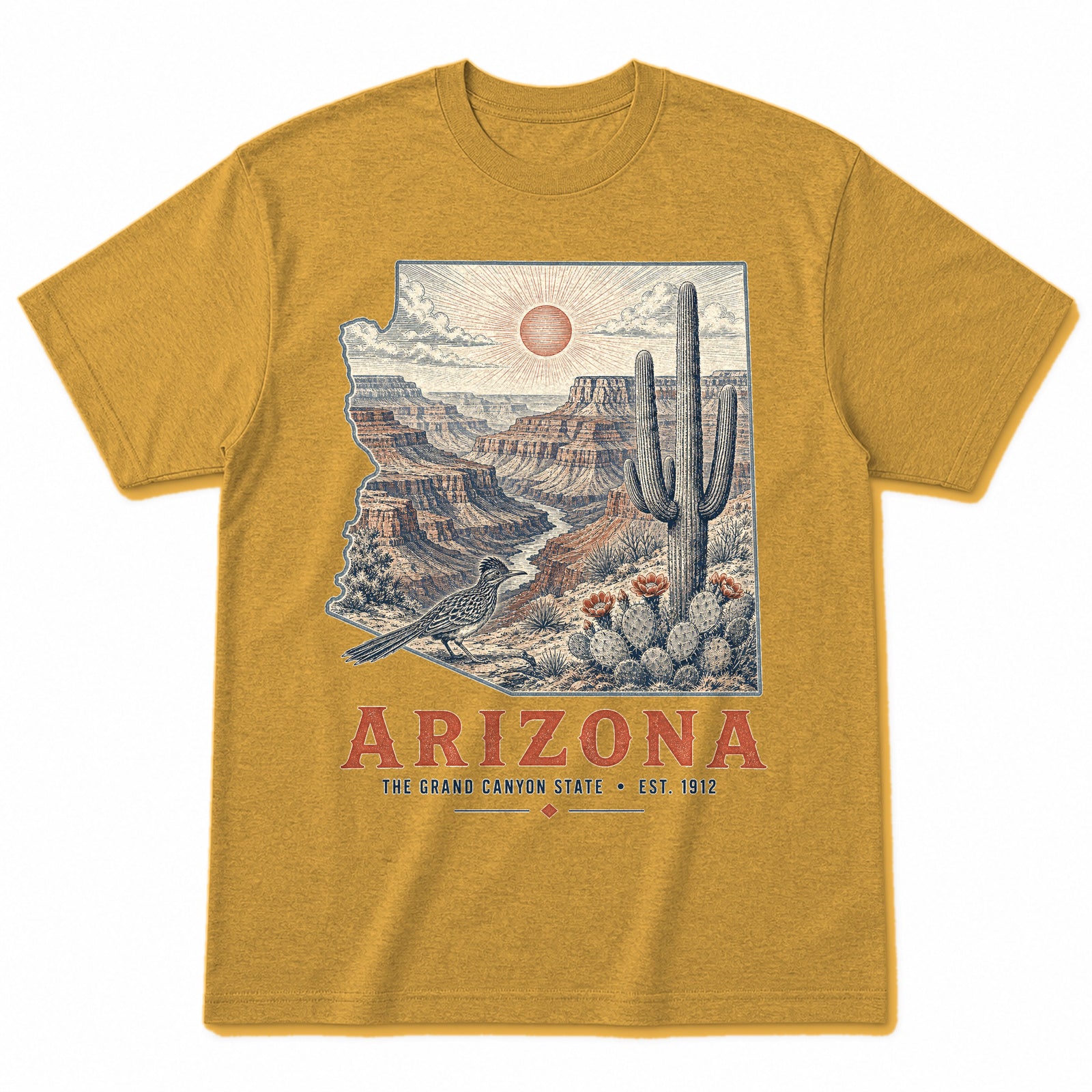 Vintage Arizona State Graphic T-Shirt in Vintage Mustard Yellow, front view on a white background
