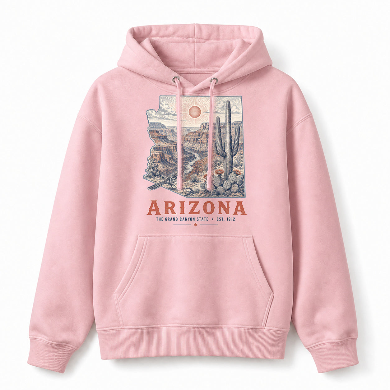 Vintage Arizona State Graphic Pullover Hoodie in Light Pink, front view on a white background