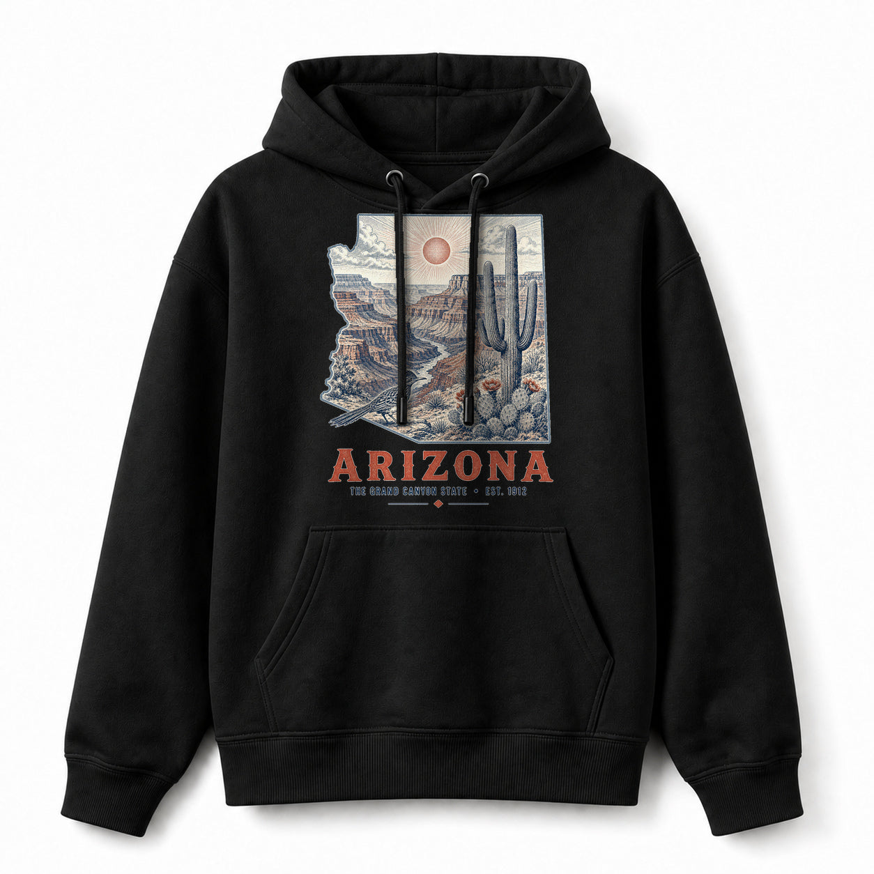Vintage Arizona State Graphic Pullover Hoodie in Black, front view on a white background