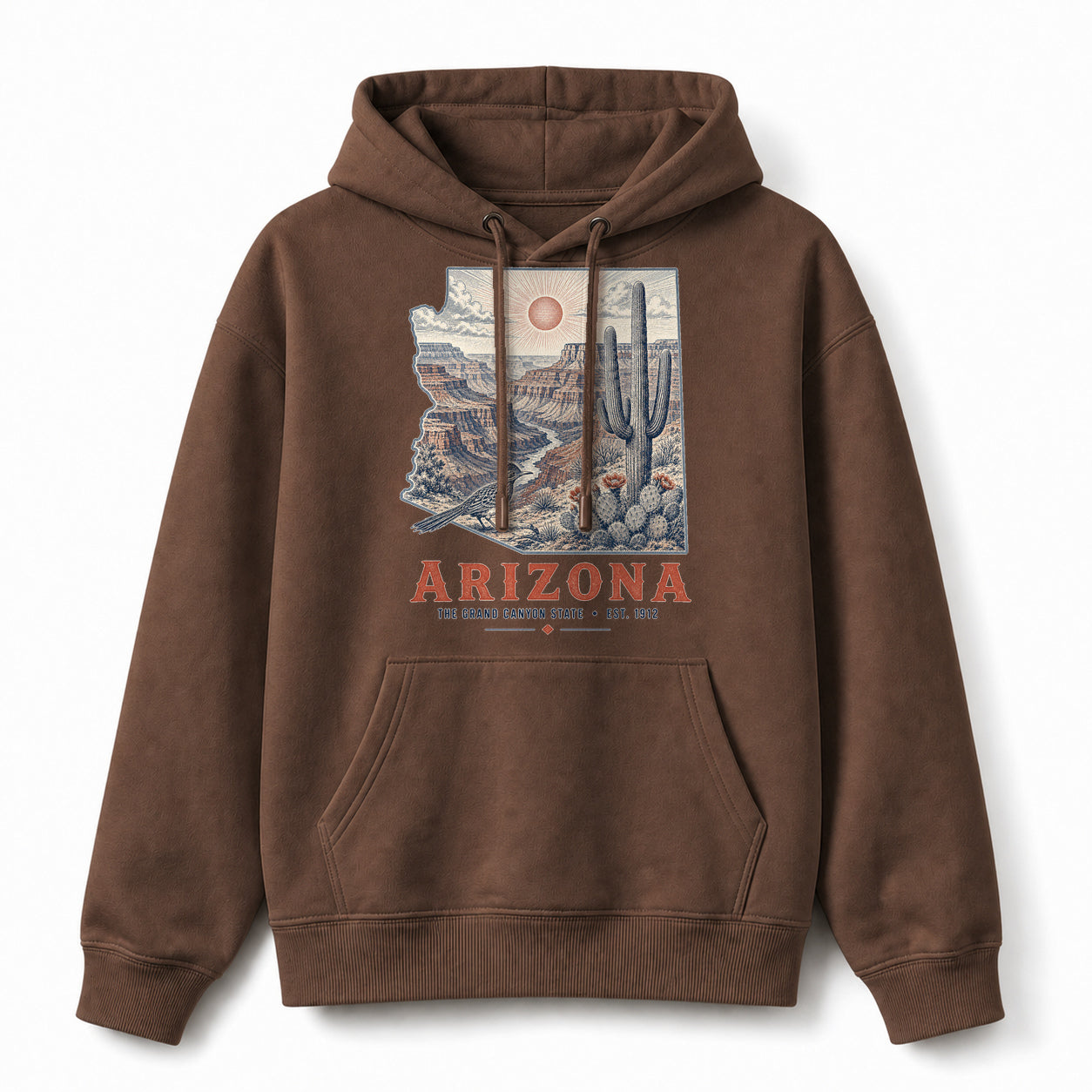 Vintage Arizona State Graphic Pullover Hoodie in Coffee Brown, front view on a white background