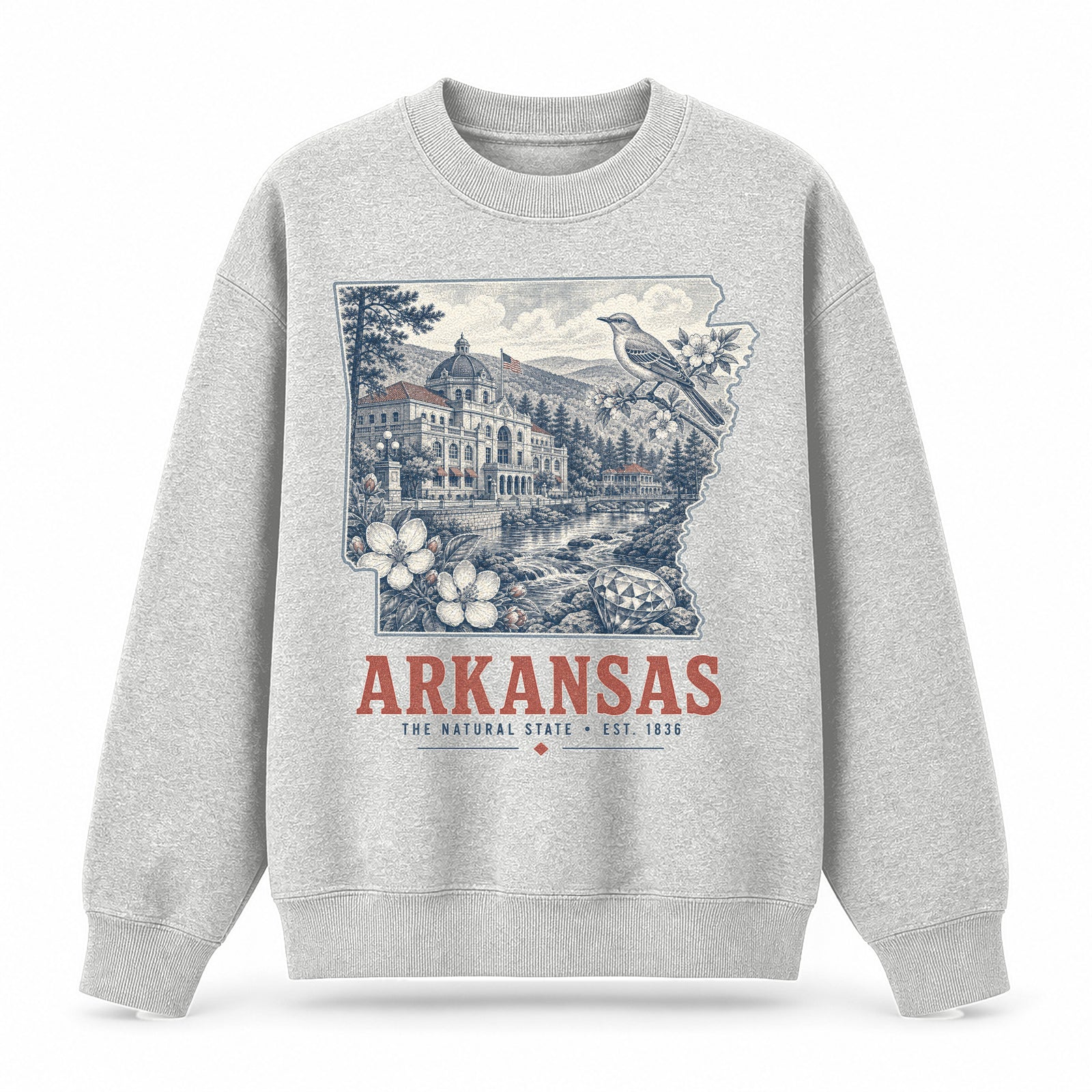 Vintage Arkansas State Graphic Crewneck Sweatshirt in Light Gray, front view on a white background