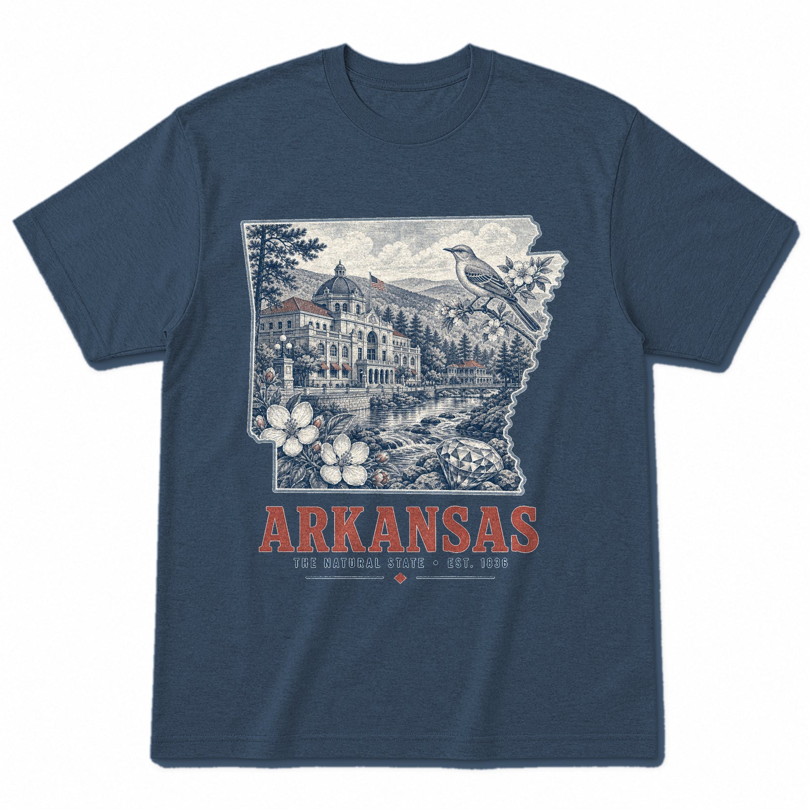 Vintage Arkansas State Graphic T-Shirt in Washed Navy, front view on a white background