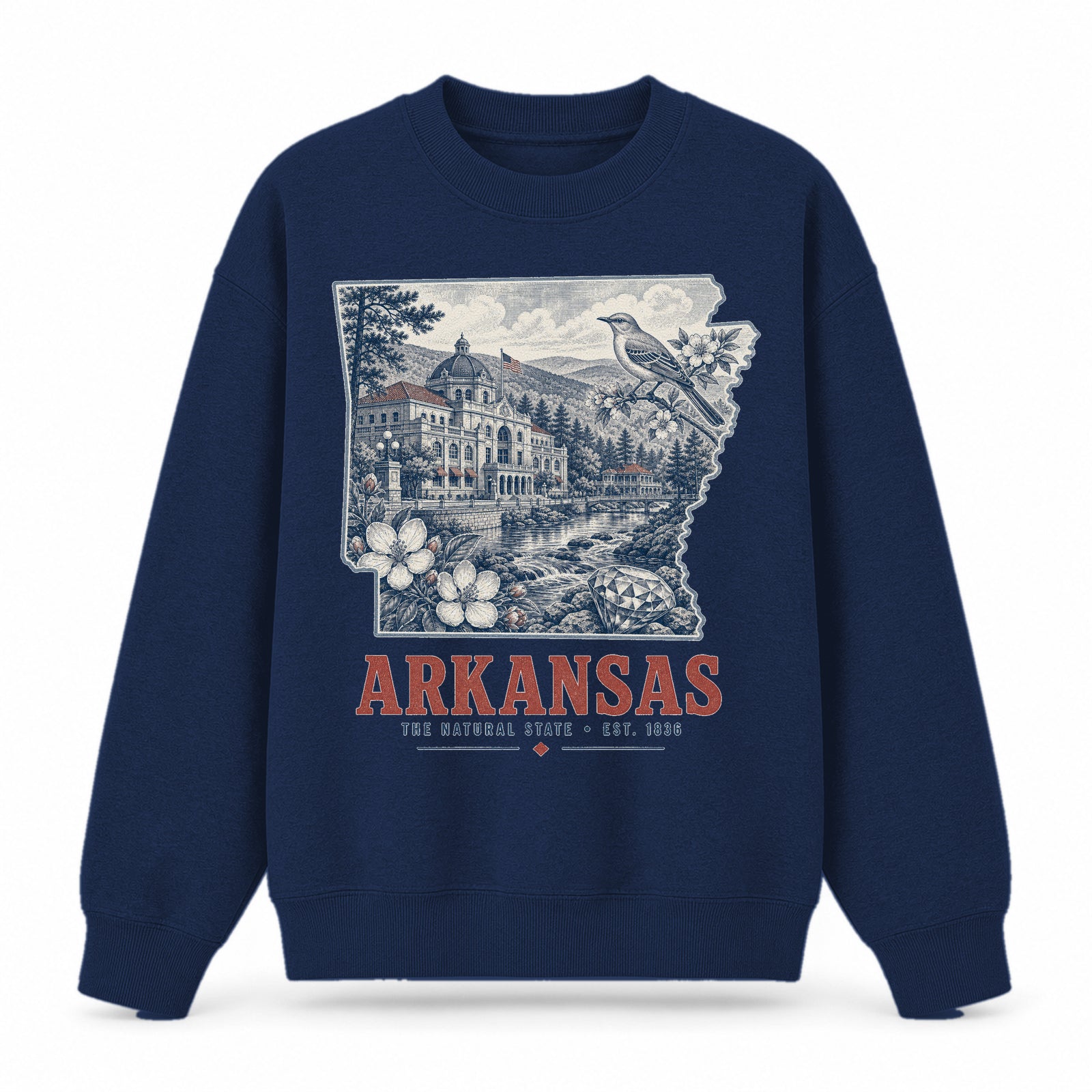 Vintage Arkansas State Graphic Crewneck Sweatshirt in Navy, front view on a white background