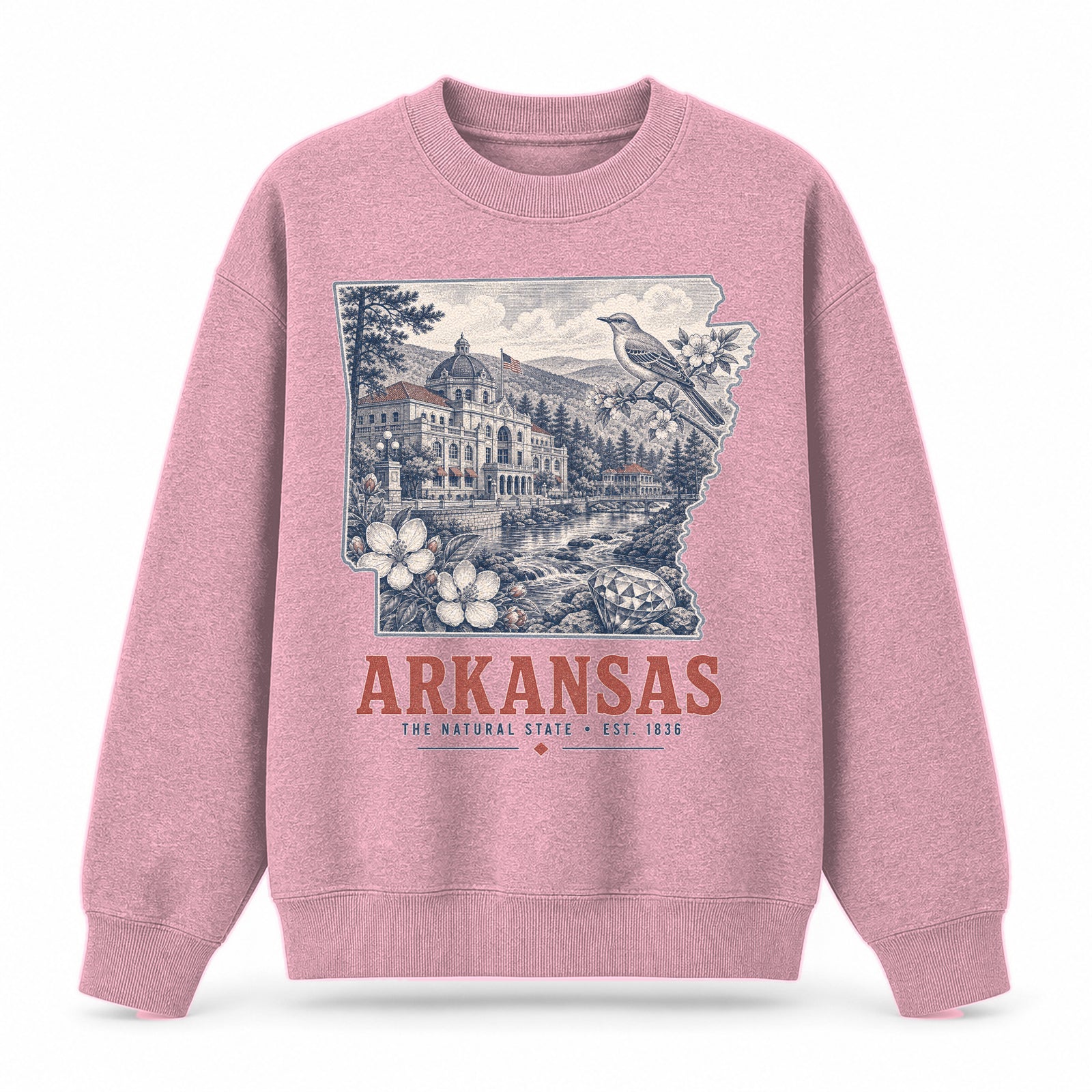 Vintage Arkansas State Graphic Crewneck Sweatshirt in Pink, front view on a white background