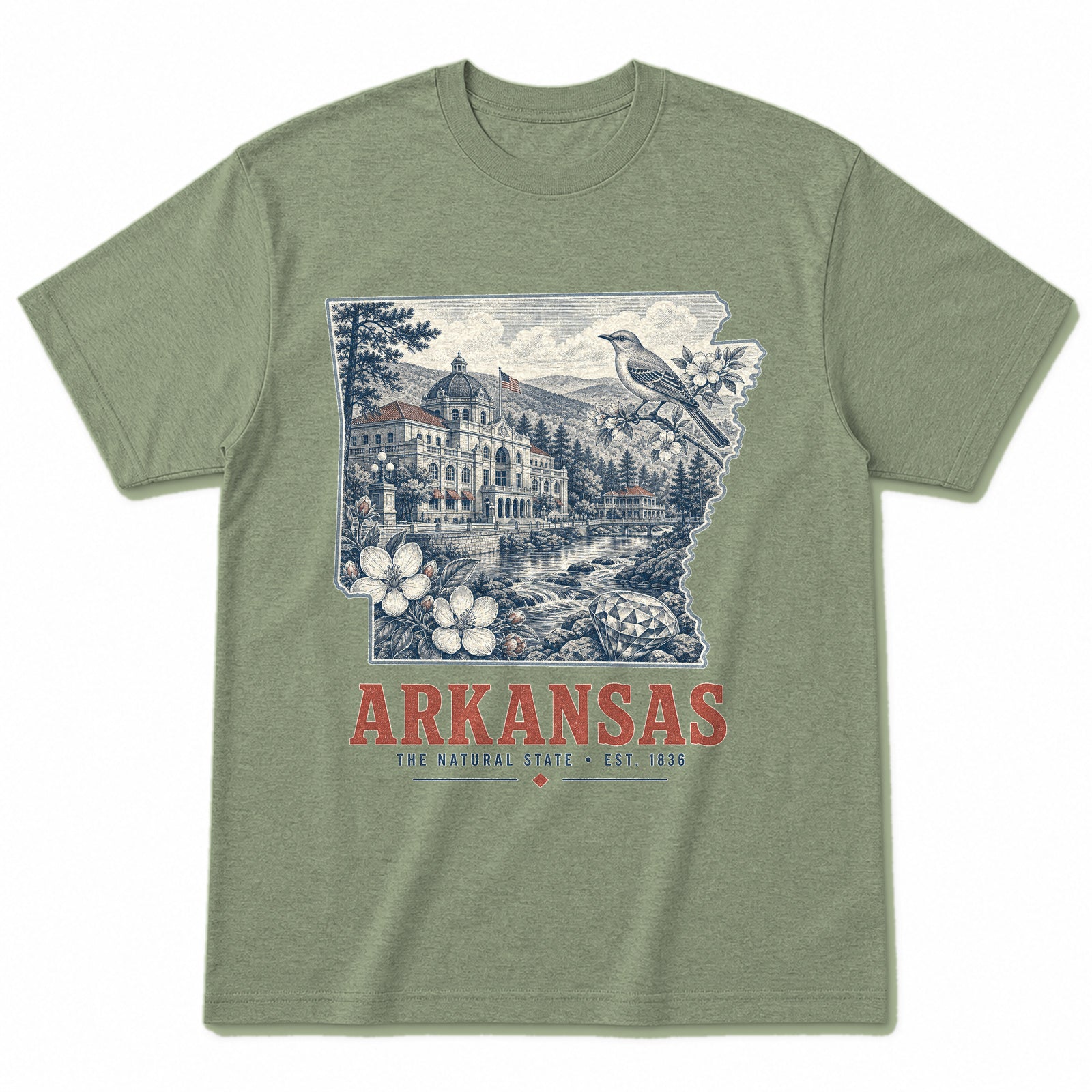 Vintage Arkansas State Graphic T-Shirt in Light Sage Green, front view on a white background