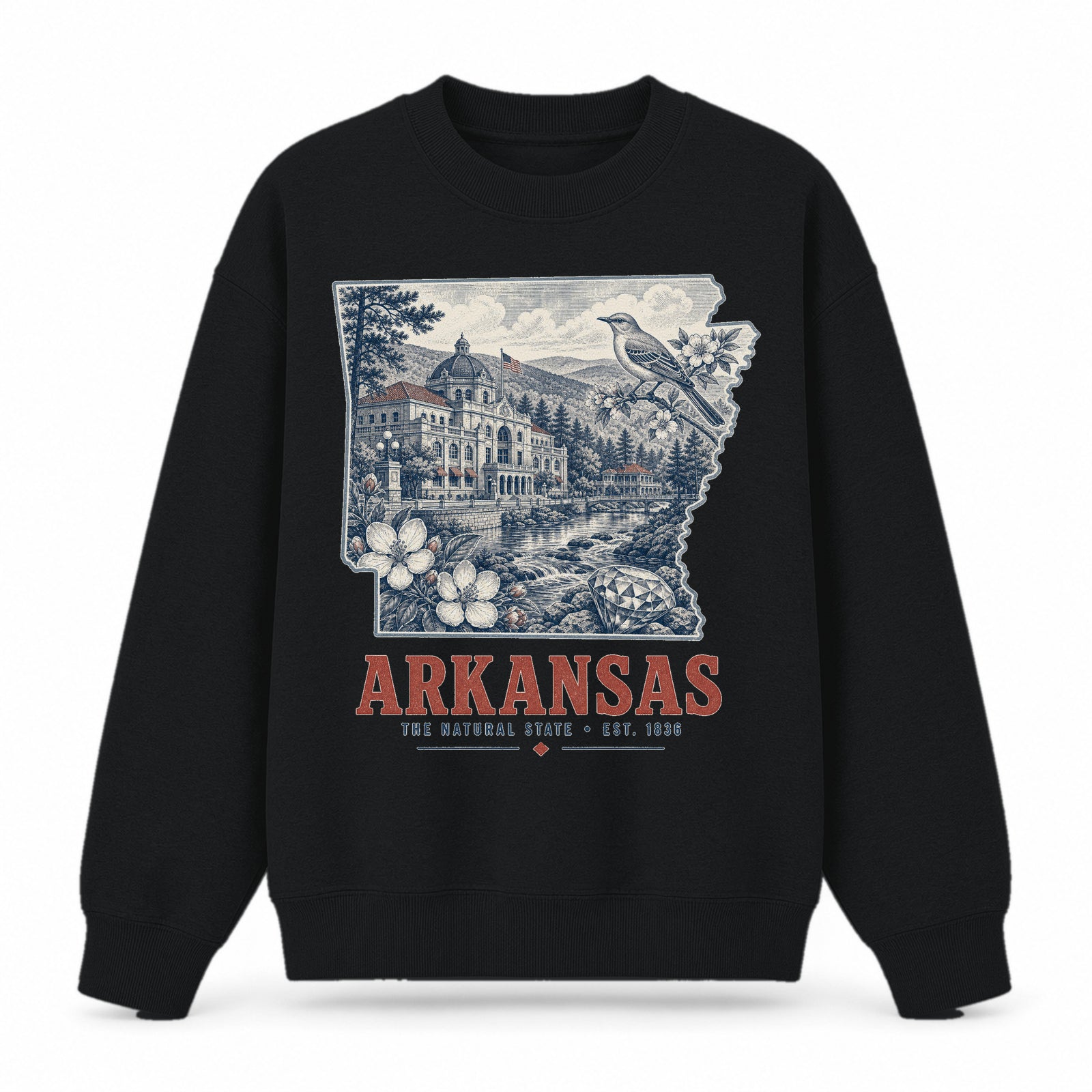 Vintage Arkansas State Graphic Crewneck Sweatshirt in Black, front view on a white background