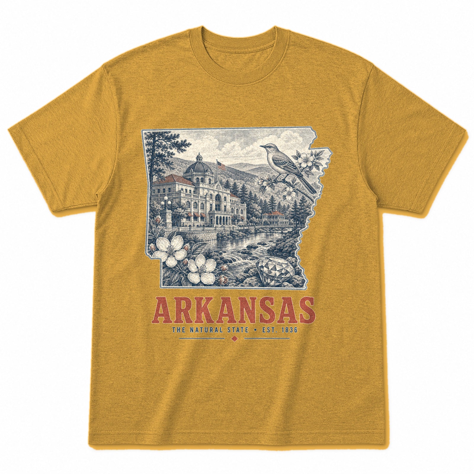 Vintage Arkansas State Graphic T-Shirt in Vintage Mustard Yellow, front view on a white background