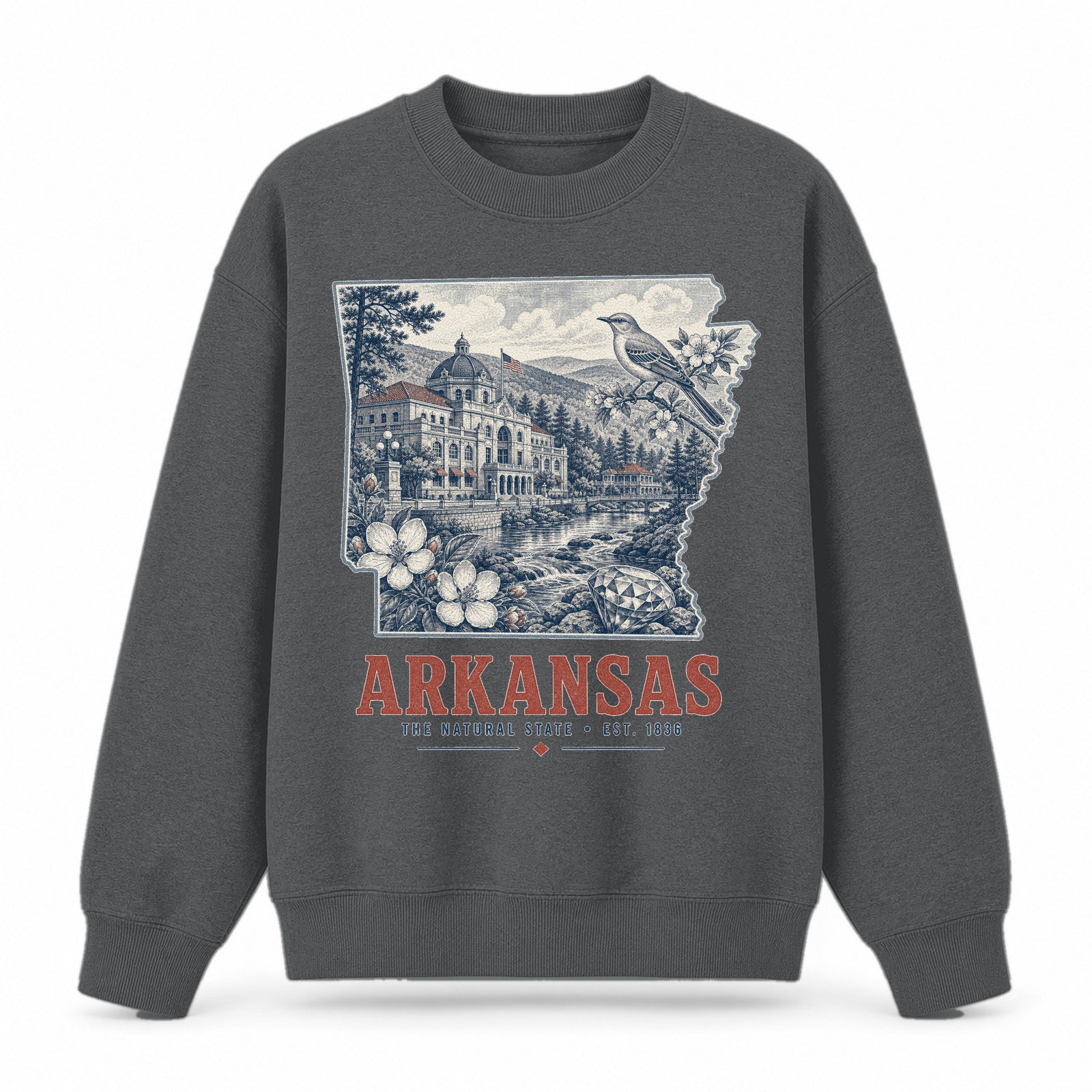 Vintage Arkansas State Graphic Crewneck Sweatshirt in Dark Gray, front view on a white background