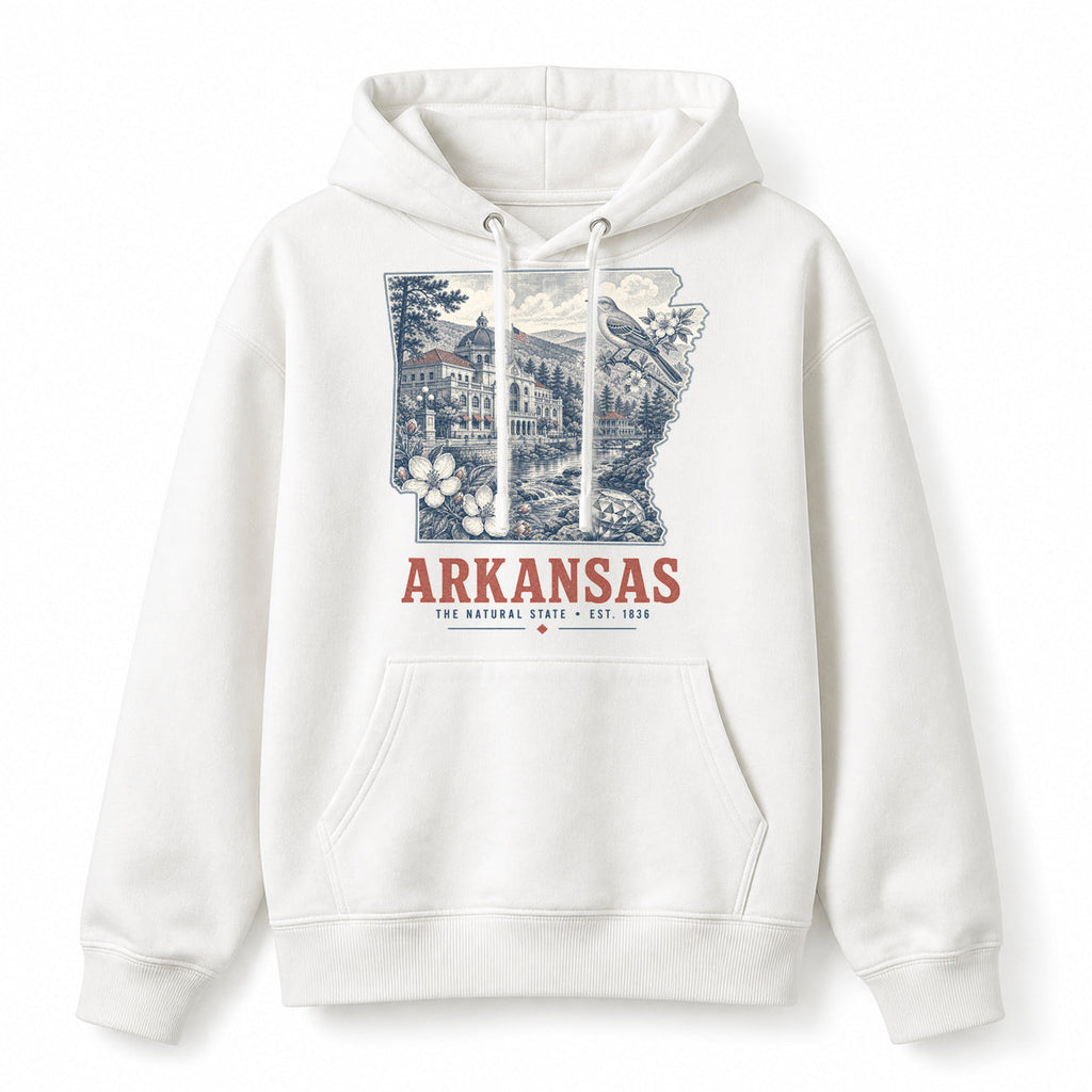 Vintage Arkansas State Graphic Pullover Hoodie in White, front view on a white background