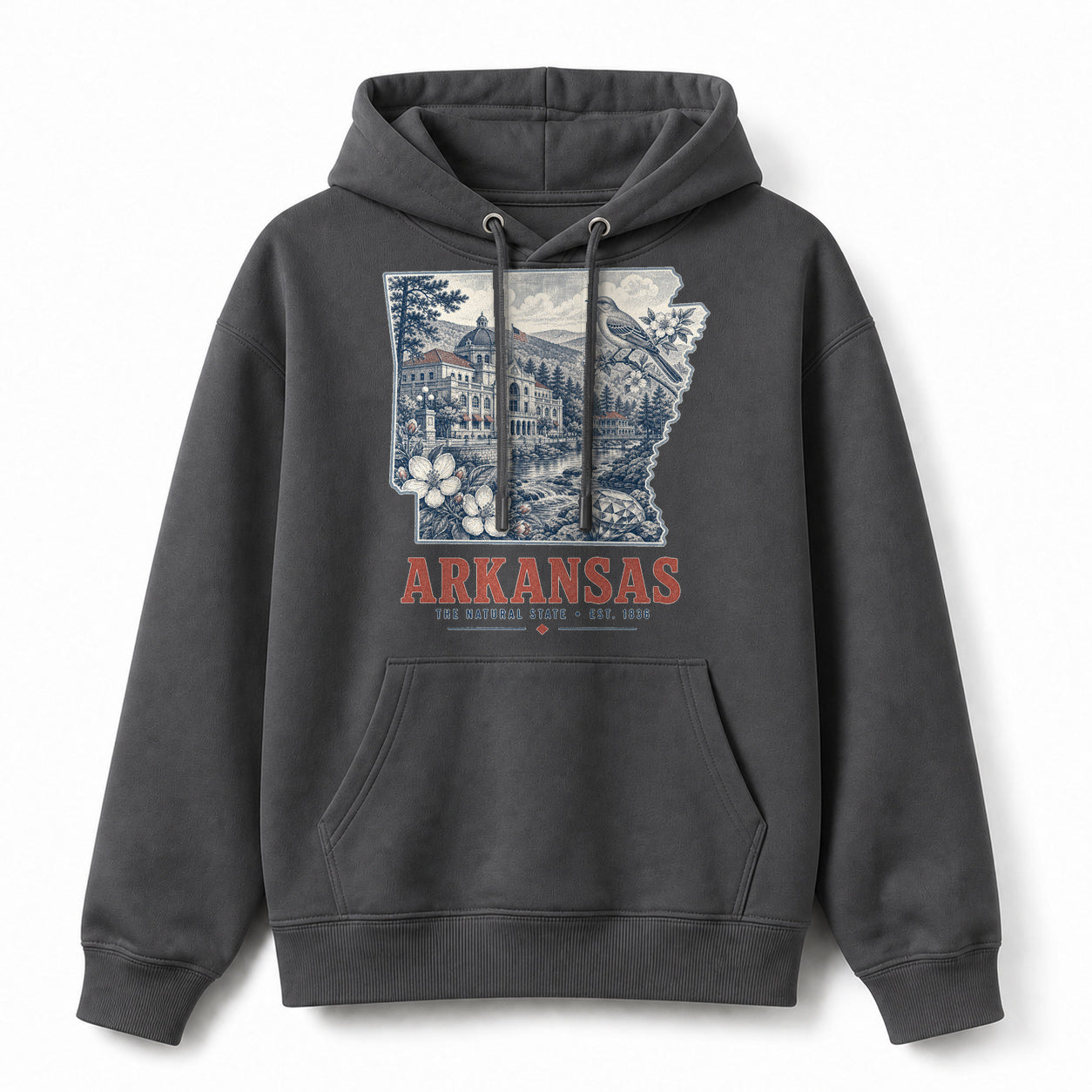Vintage Arkansas State Graphic Pullover Hoodie in Dark Gray, front view on a white background