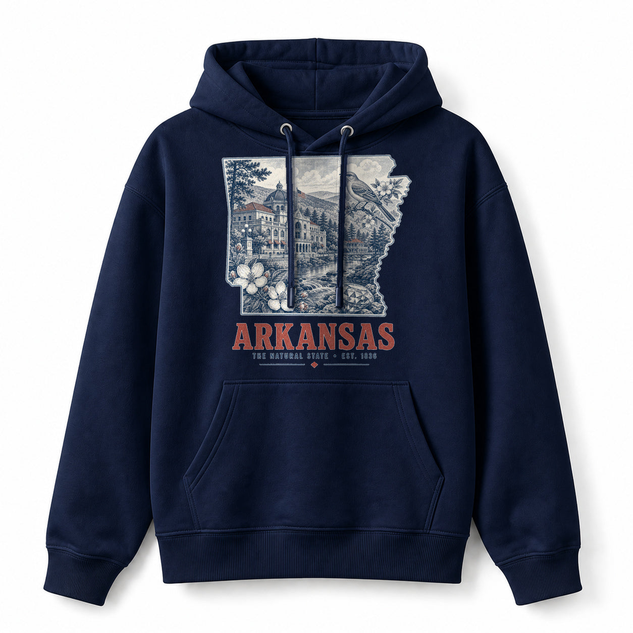 Vintage Arkansas State Graphic Pullover Hoodie in Navy, front view on a white background